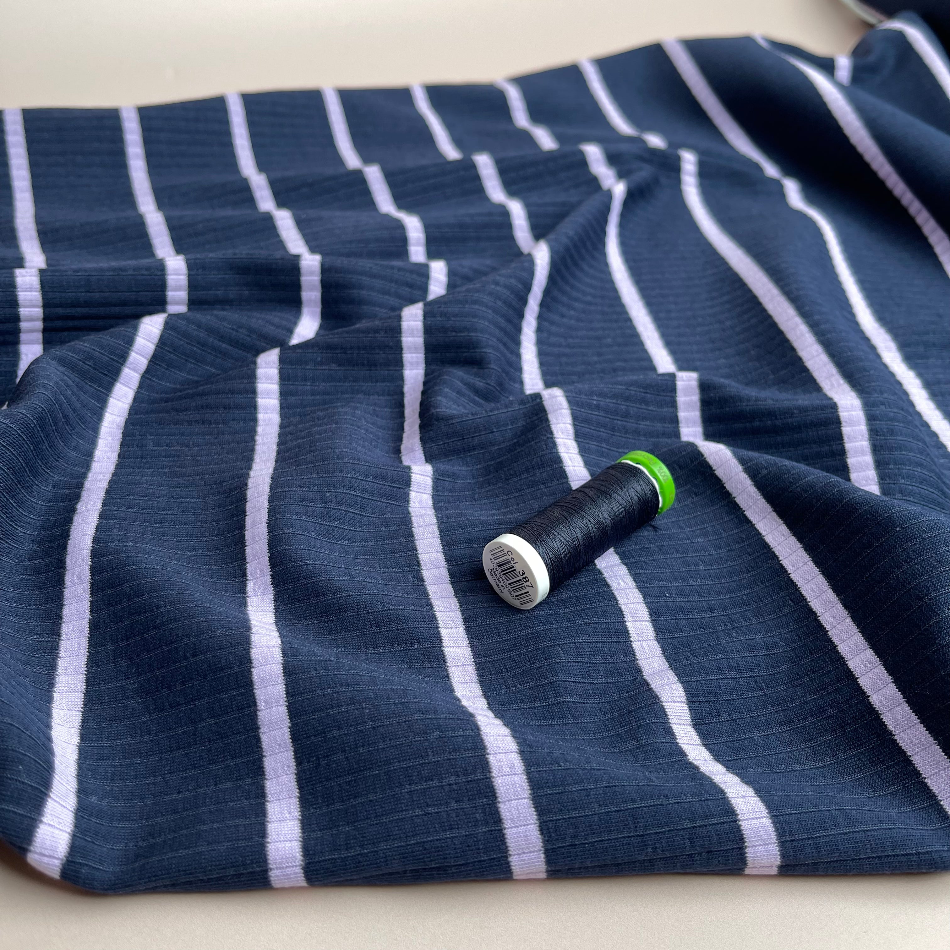 Yarn Dyed Striped Cotton Ribbed Jersey in Navy & Lilac