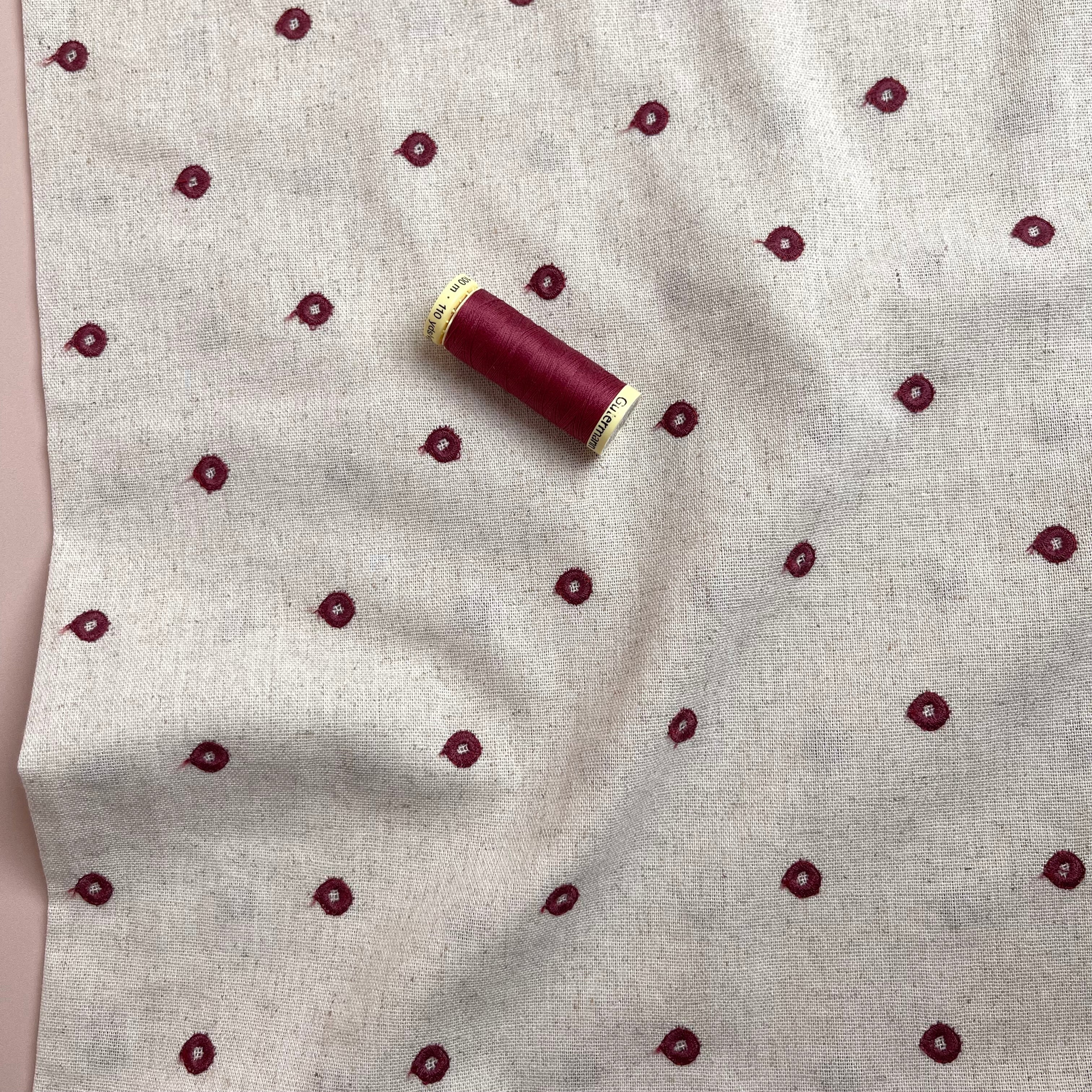 Embroidered Berry Circles on Natural Viscose Linen Blend Fabric