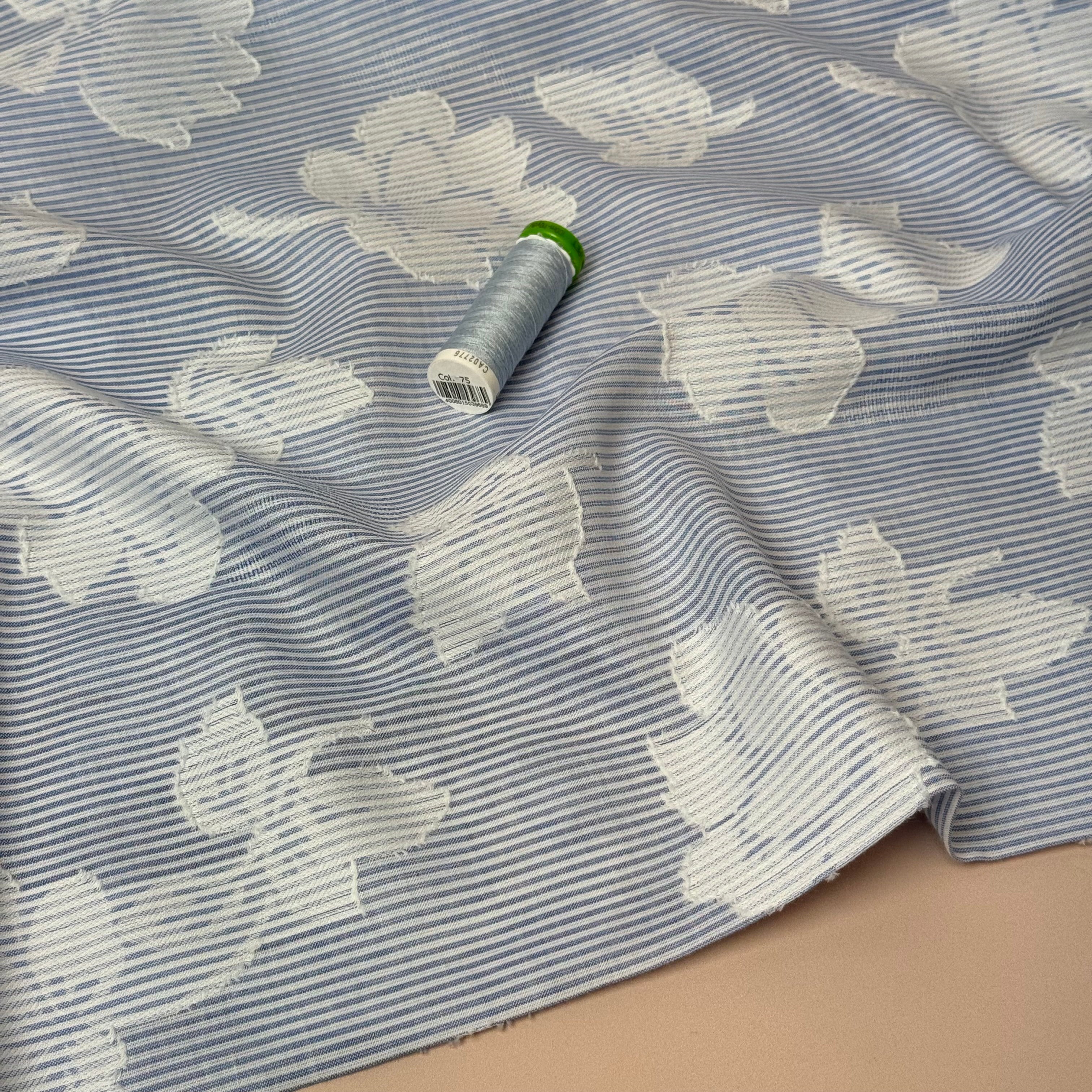 Patched Flowers on Blue Stripe Cotton Fabric