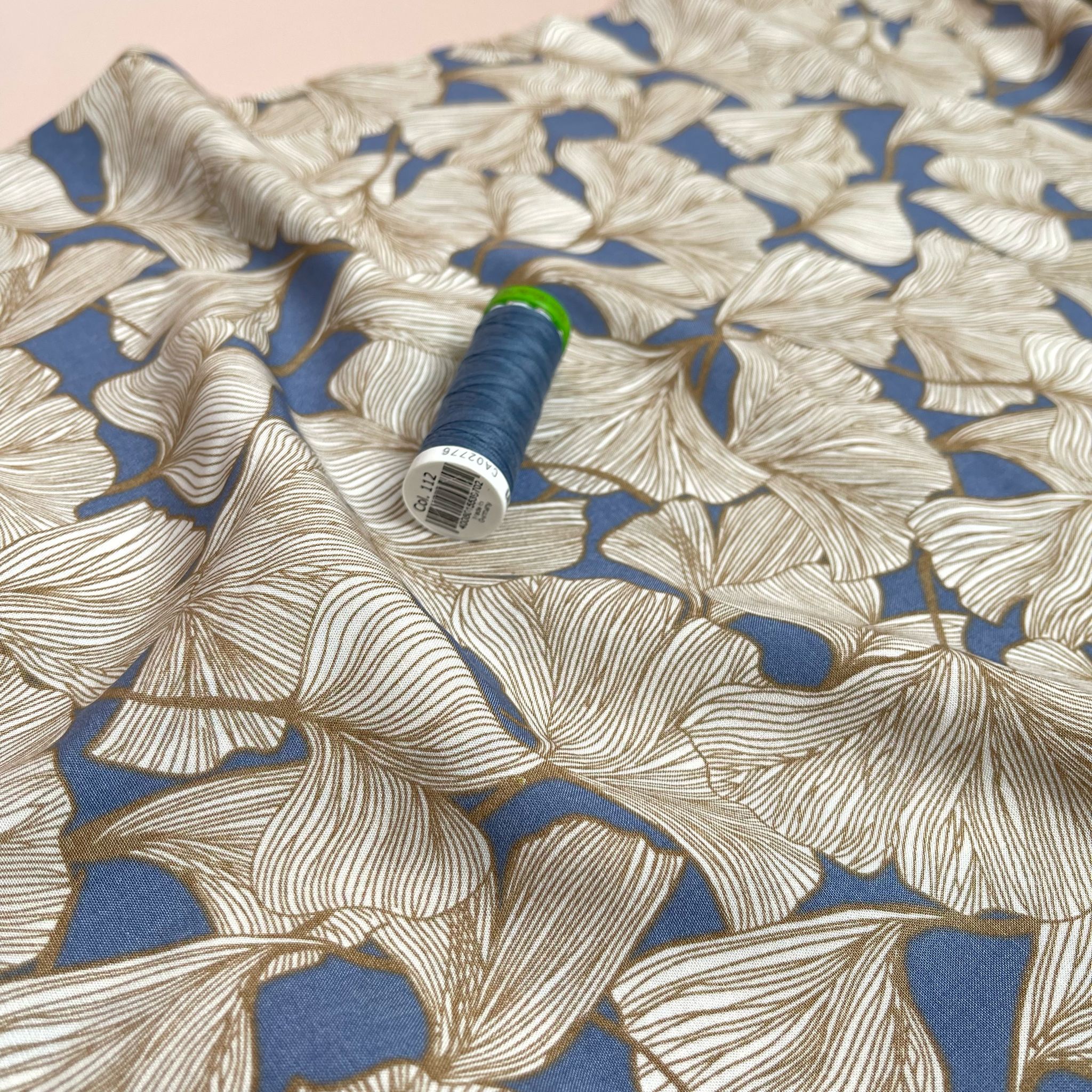 Bold Gingko on Dusty Blue Viscose Fabric