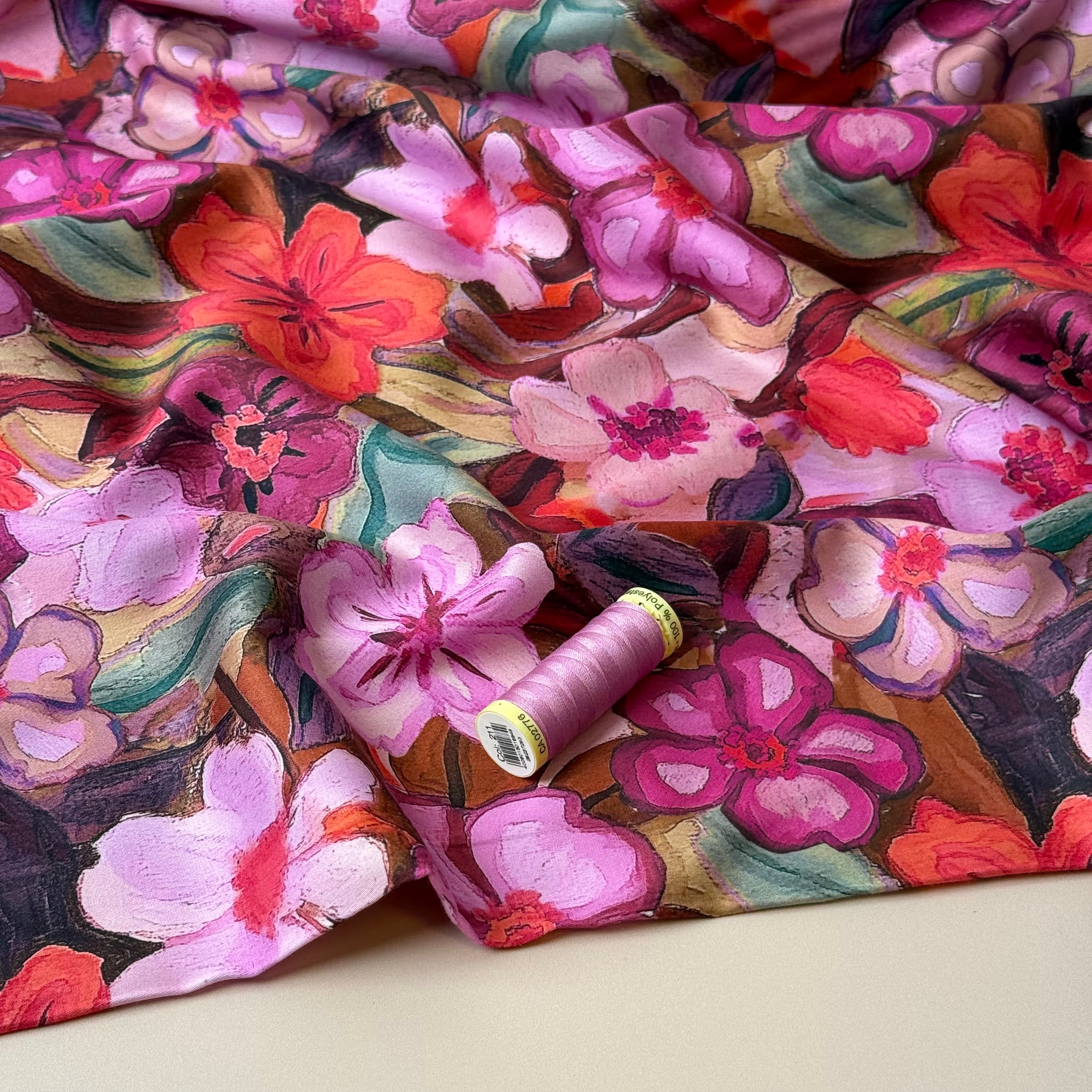 Pink Pastel Flowers Cotton Sateen Fabric