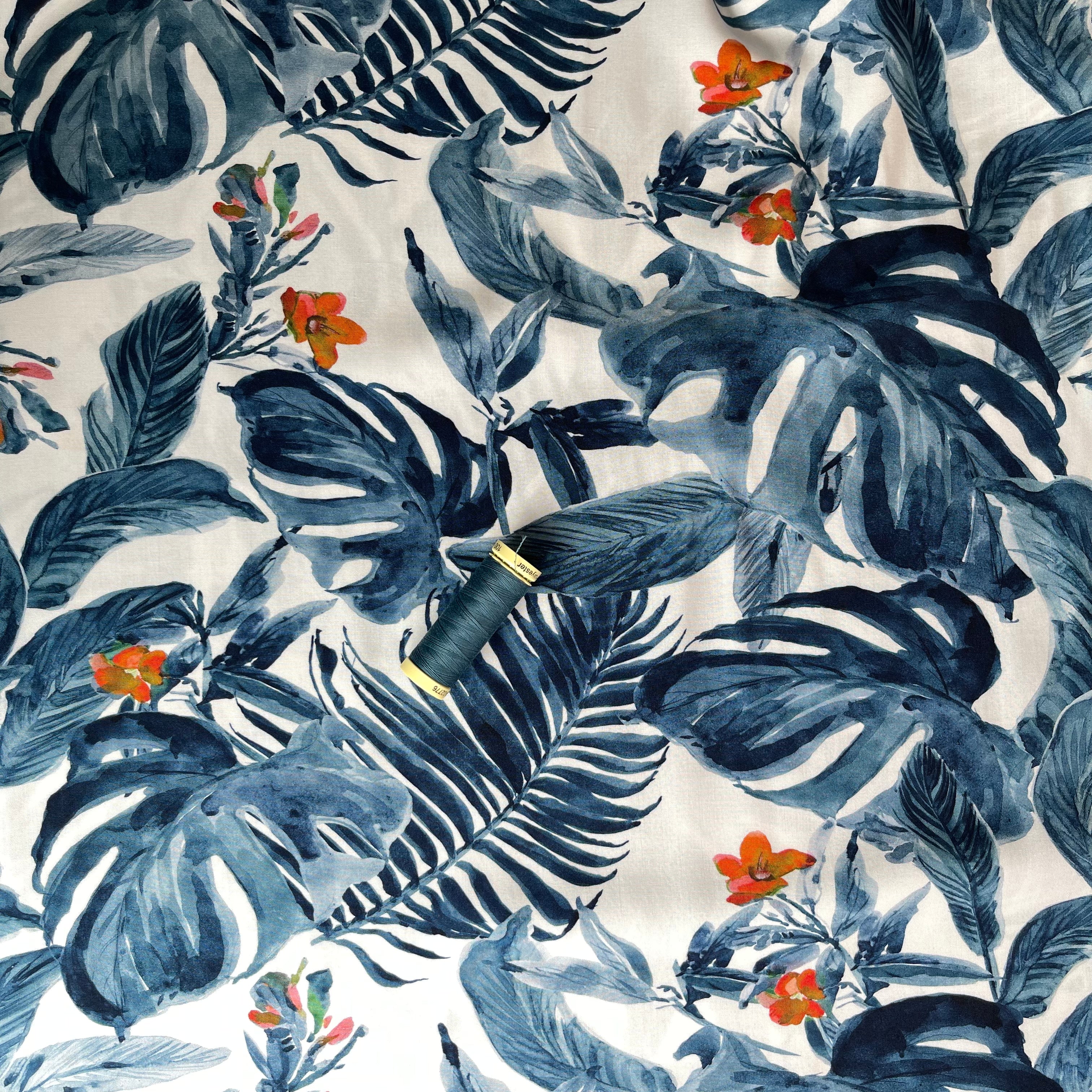 Tropical Plants Blue Viscose Fabric