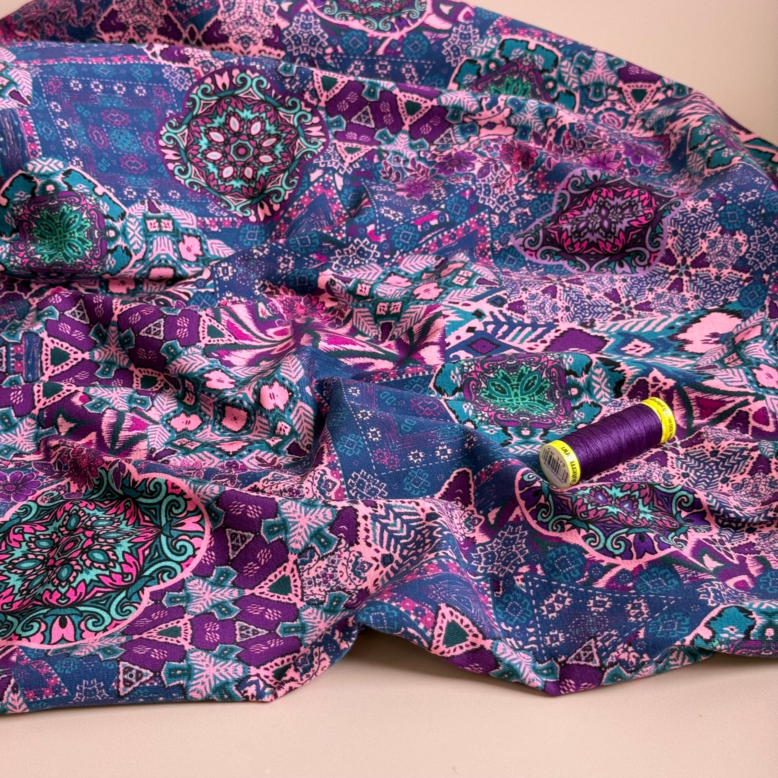 Ornamental Deco Purple Cotton Jersey Fabric