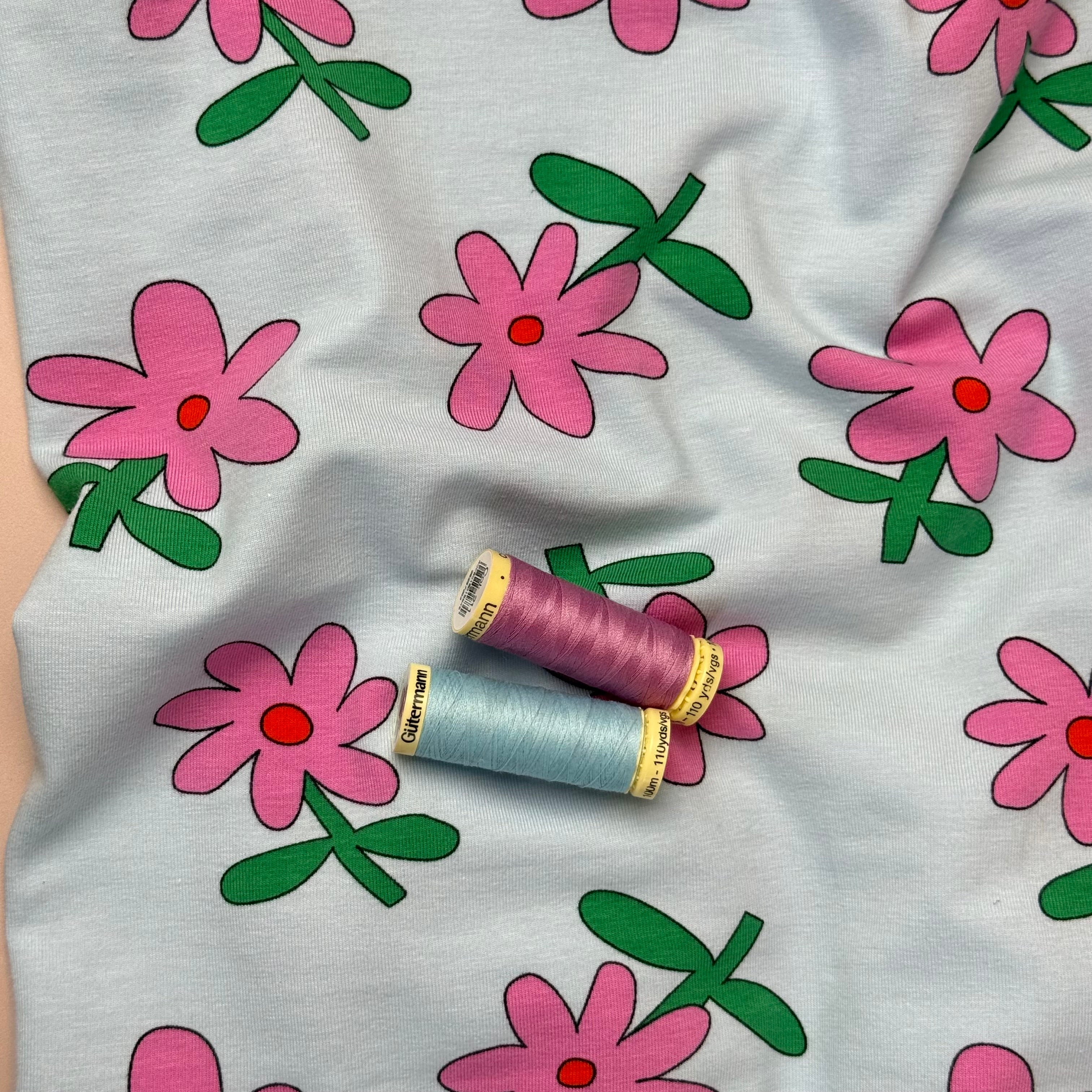 Fun Flowers Blue GOTS Organic Cotton Jersey