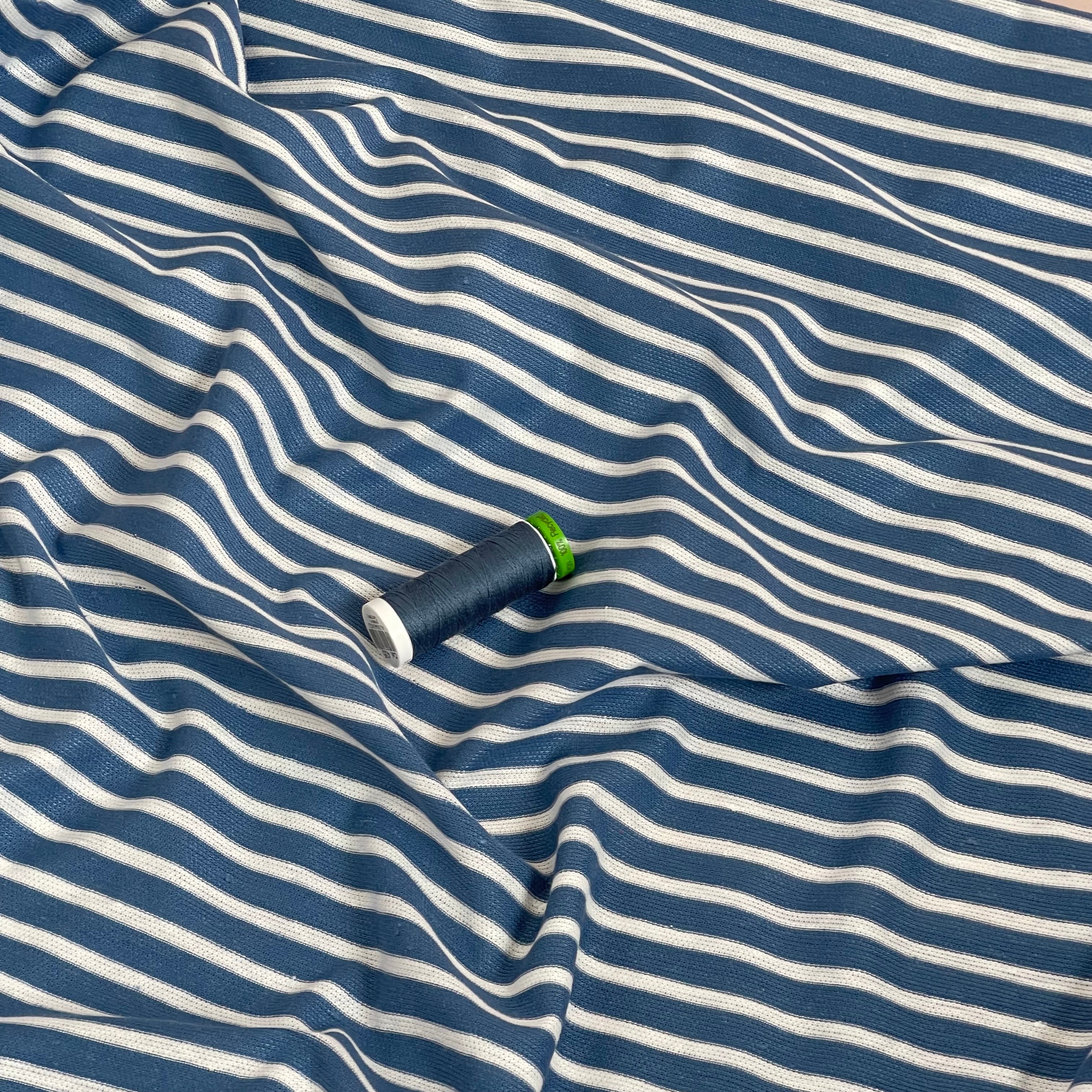 Ex-Designer Deadstock - Italian Linen Cotton blend jersey in Denim Blue & White Stripes