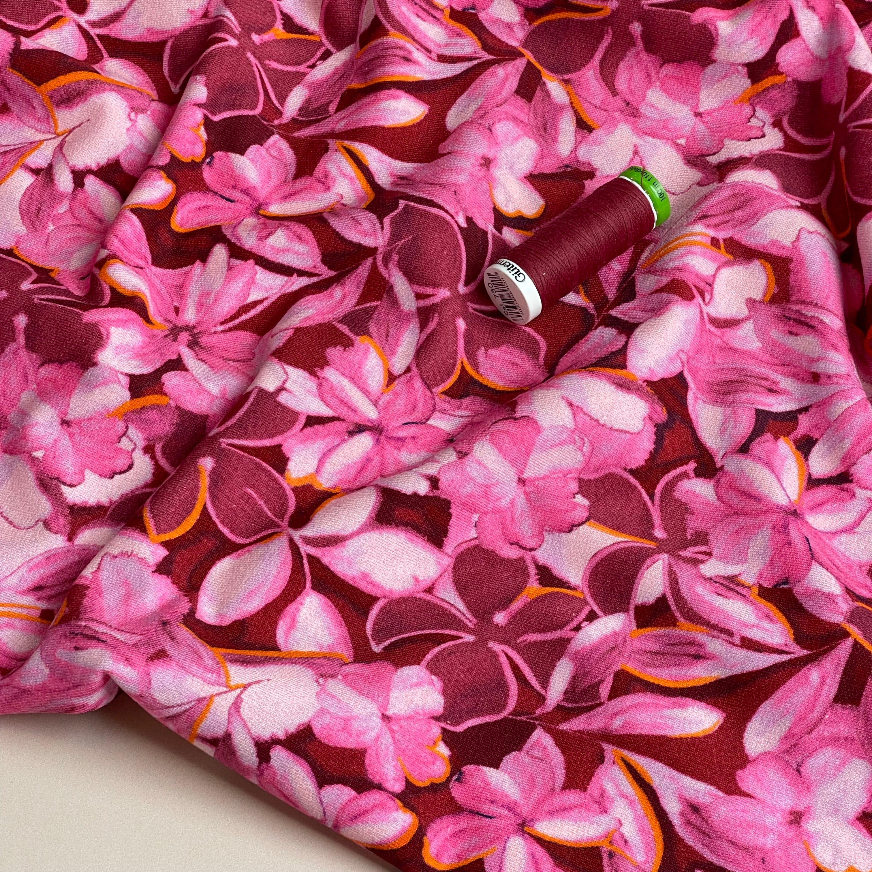 Painted Petals Red Cotton French Terry Fabric