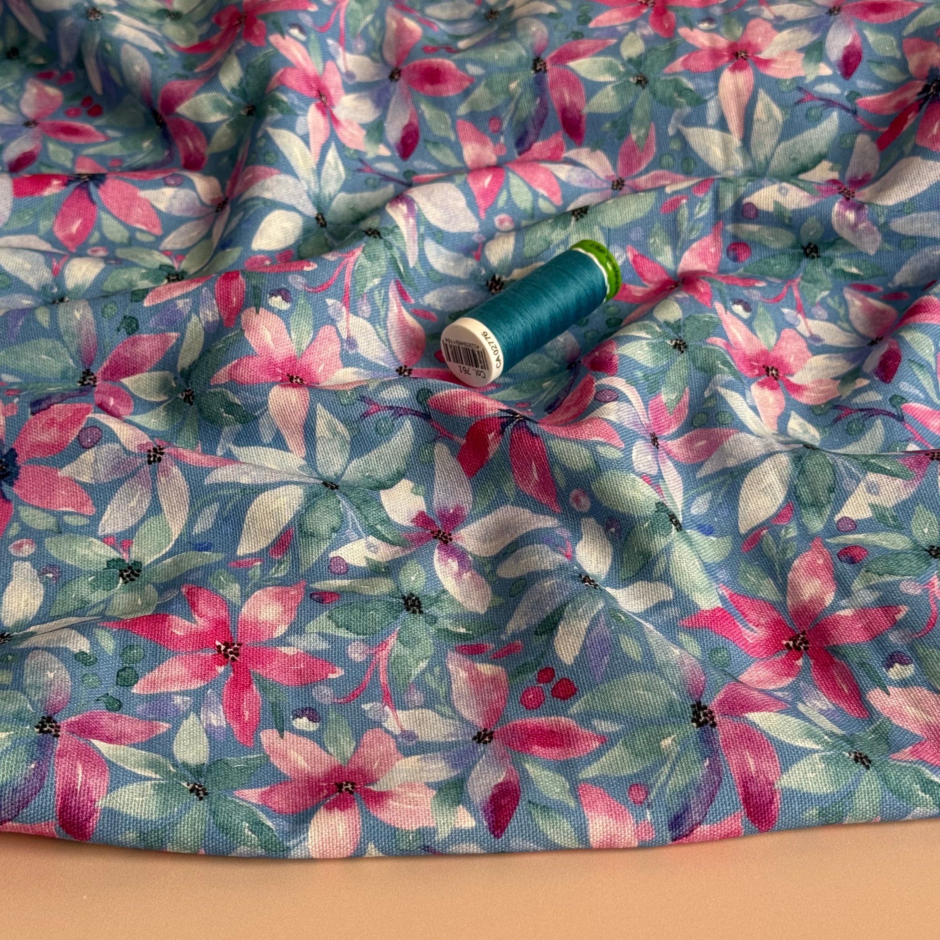 Cosmos Flowers Viscose Linen Fabric
