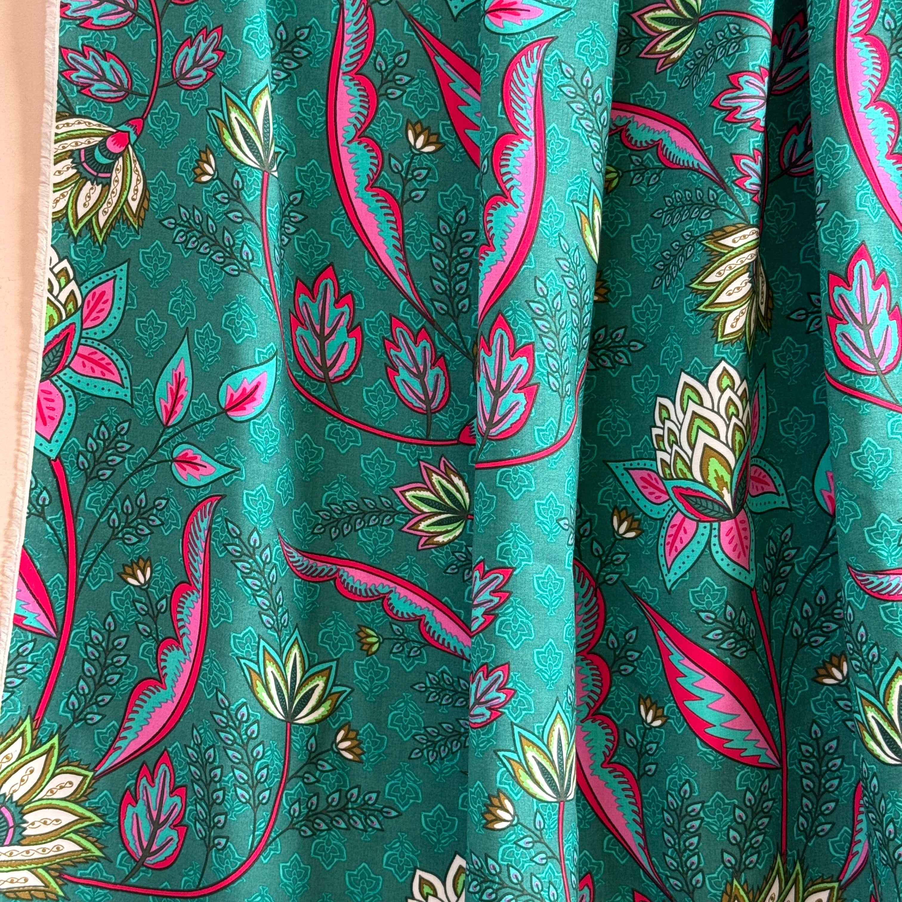 Lotus Flowers Teal Viscose Voile Fabric