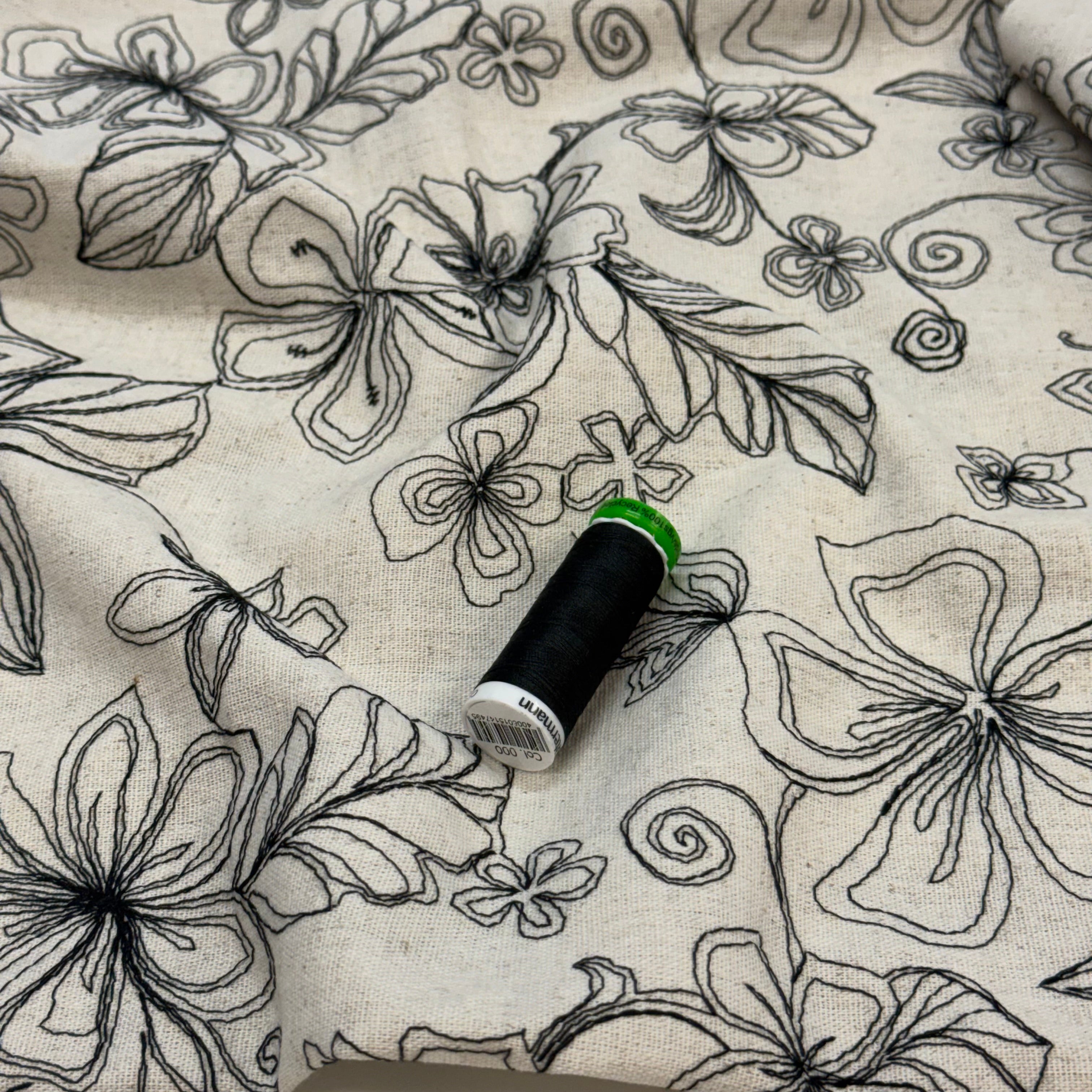 Embroidered Black Flowers on Natural Viscose Linen Blend Fabric