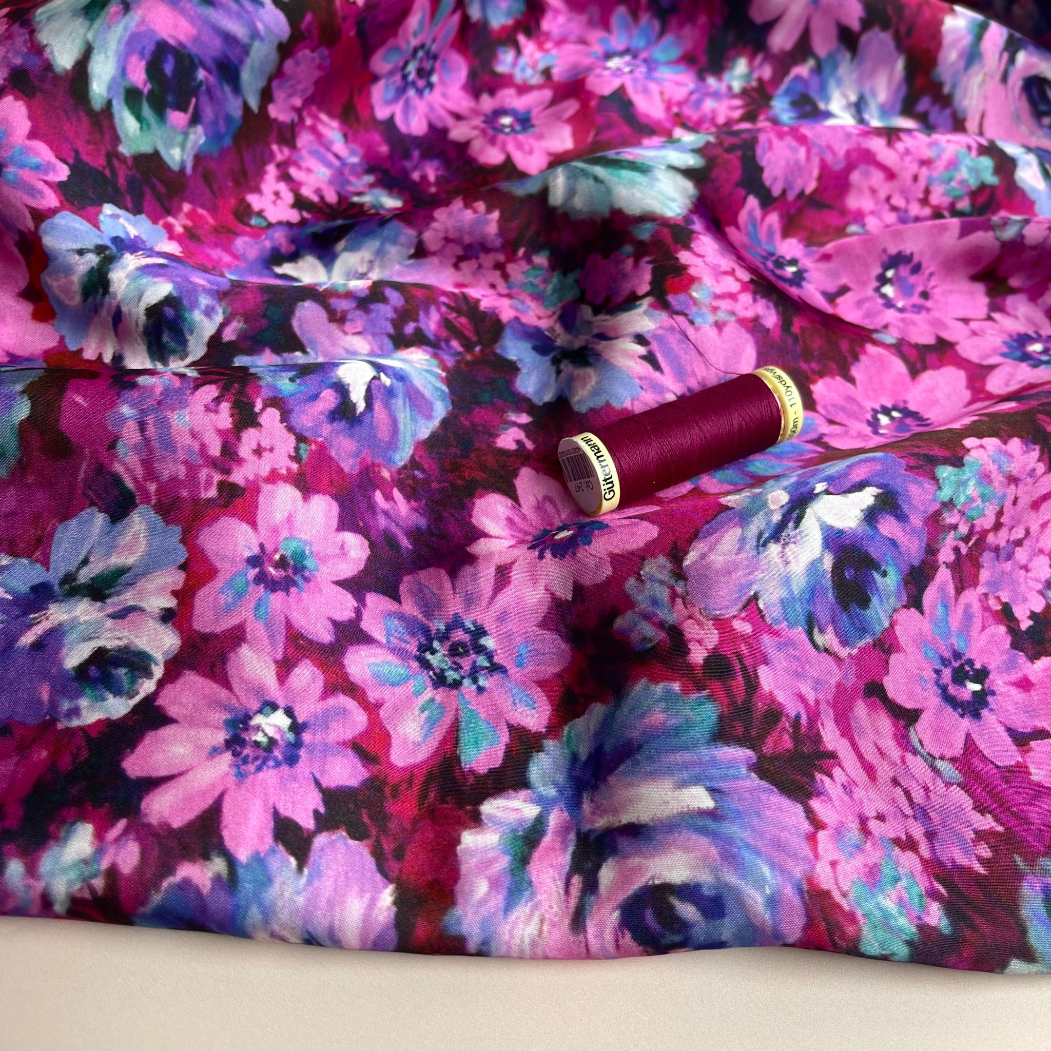 Magenta Meadow Viscose Sateen Fabric