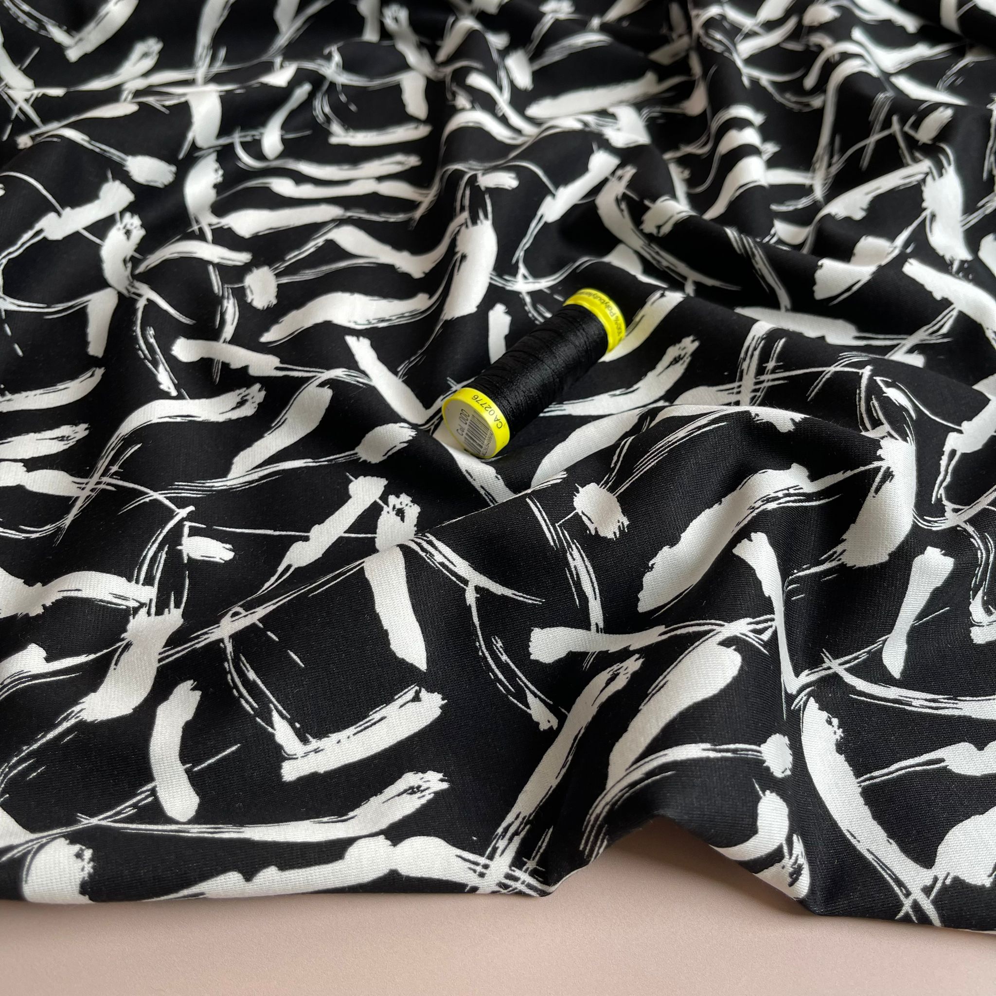 Paint Strokes in Black and White Soft Ponte Roma Fabric