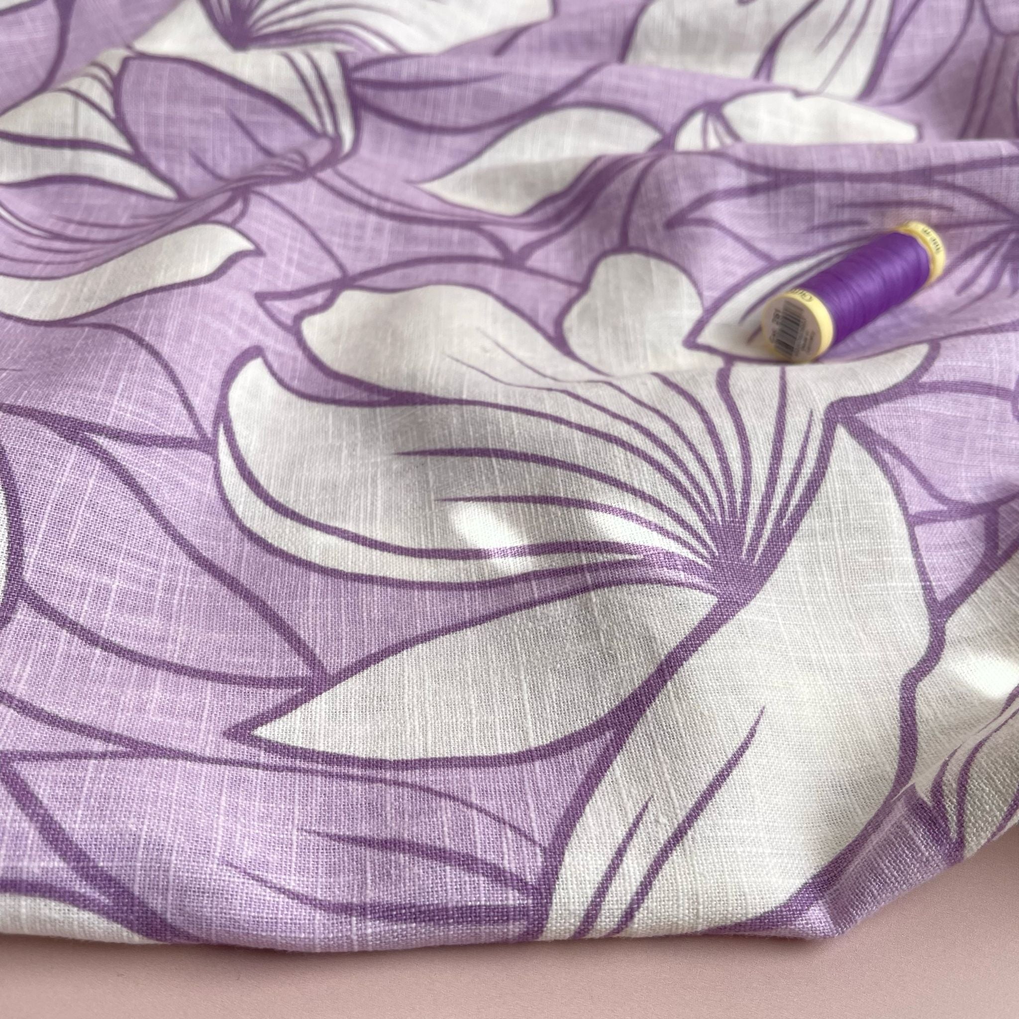 Lilac Leaves on Pure Washed Linen Cotton Fabric