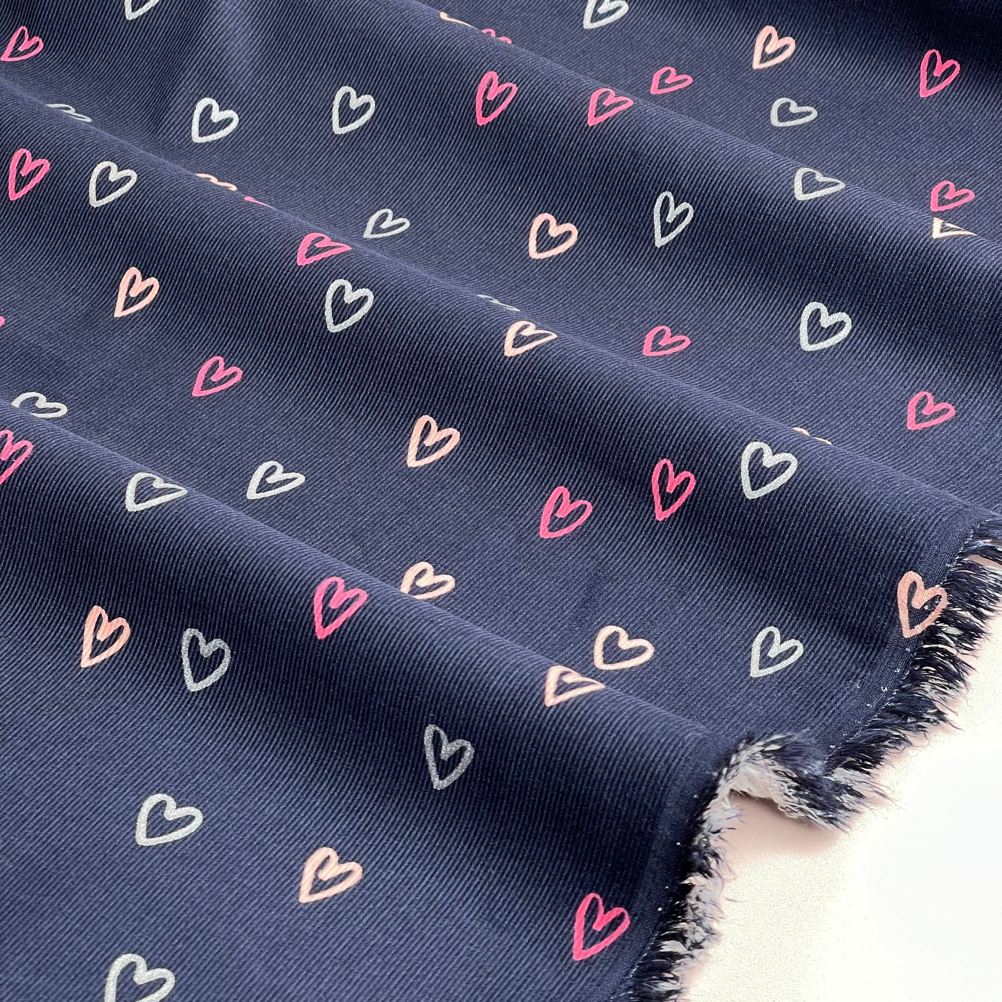 Shimmer Hearts on Navy Cotton Needlecord