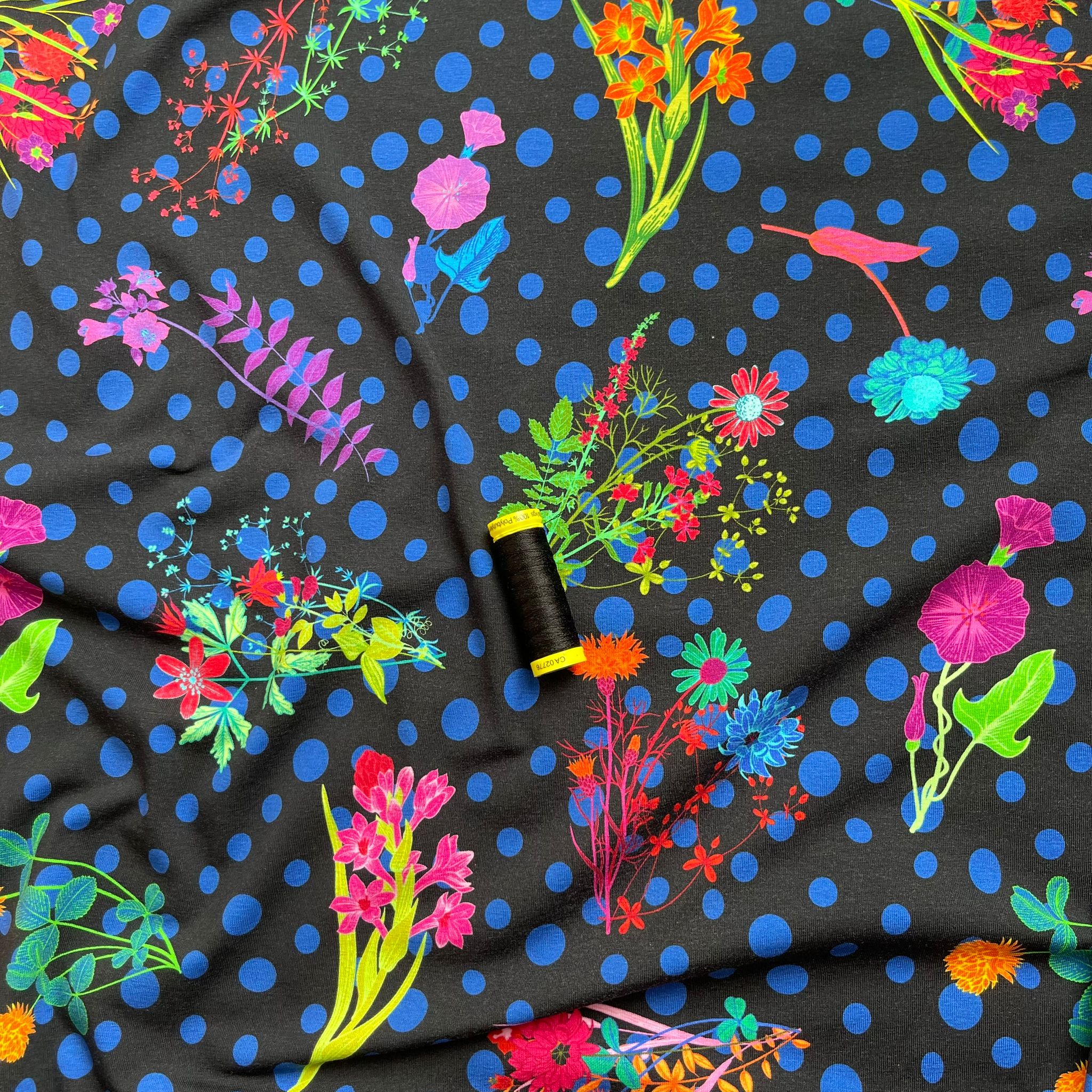 Danish Design - Disco Flowers on Black Cotton Jersey Fabric