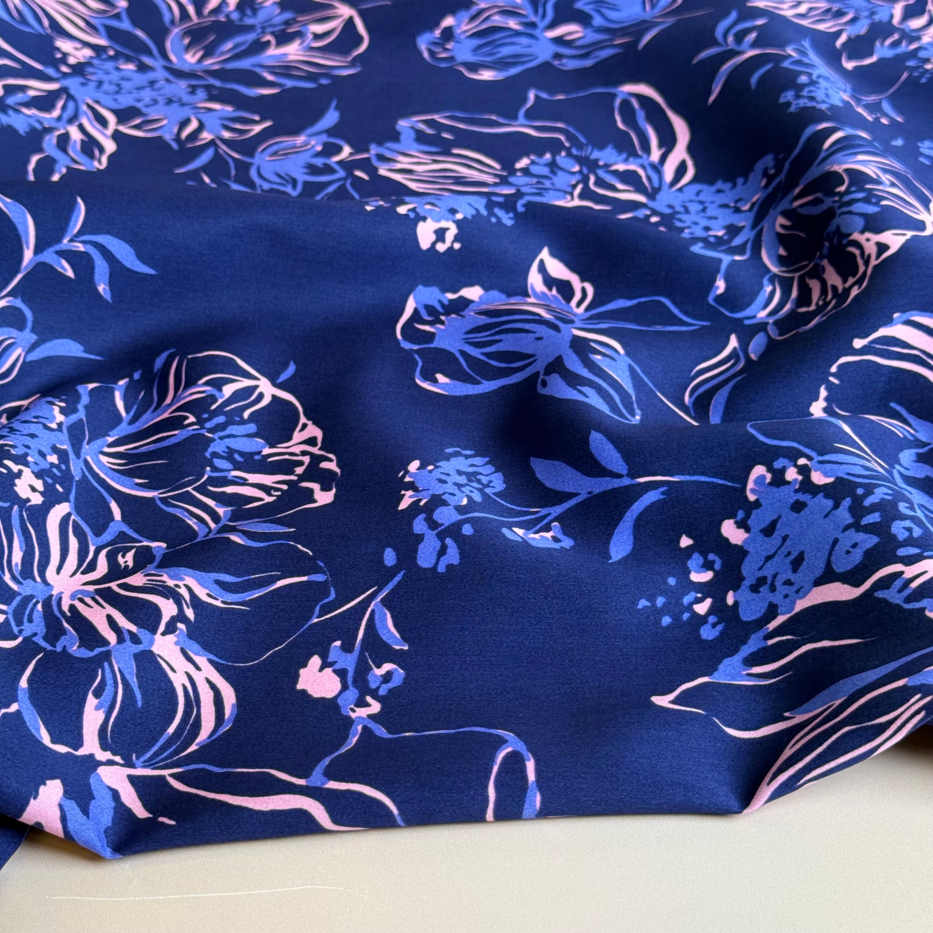 Line Flowers on Navy Cotton Sateen Fabric