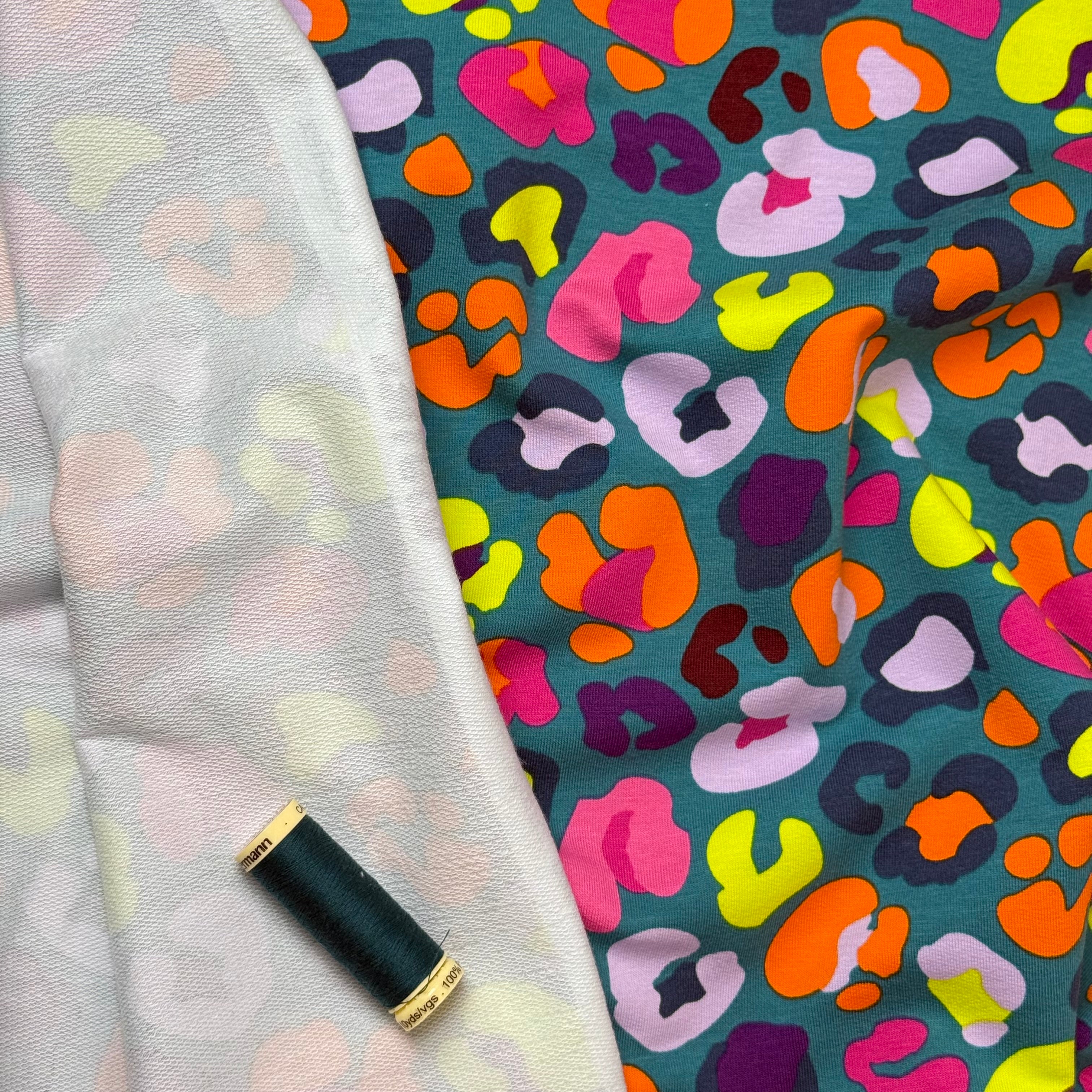 Rainbow Leopard on Teal Cotton French Terry