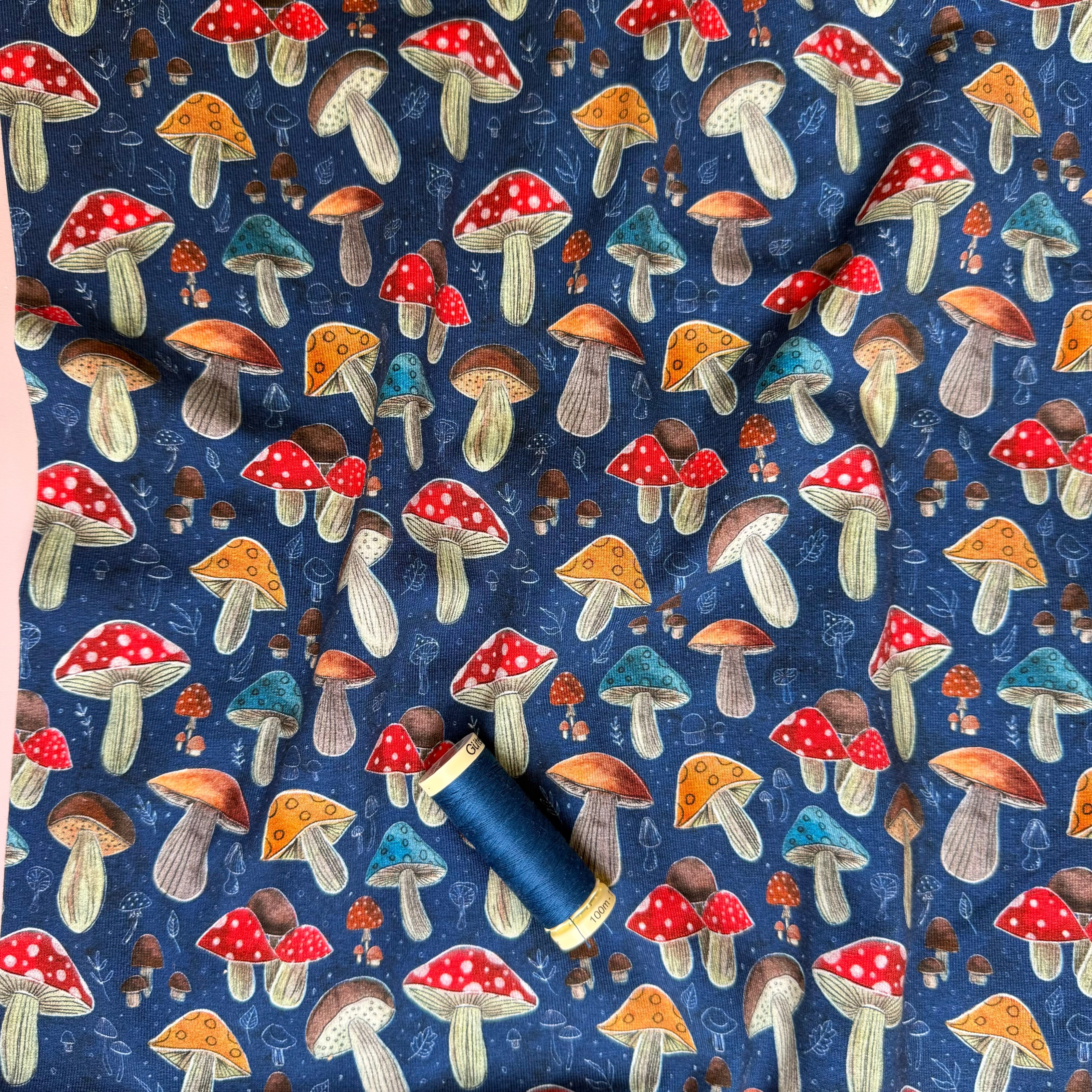 Colourful Mushrooms Blue Cotton Jersey Fabric