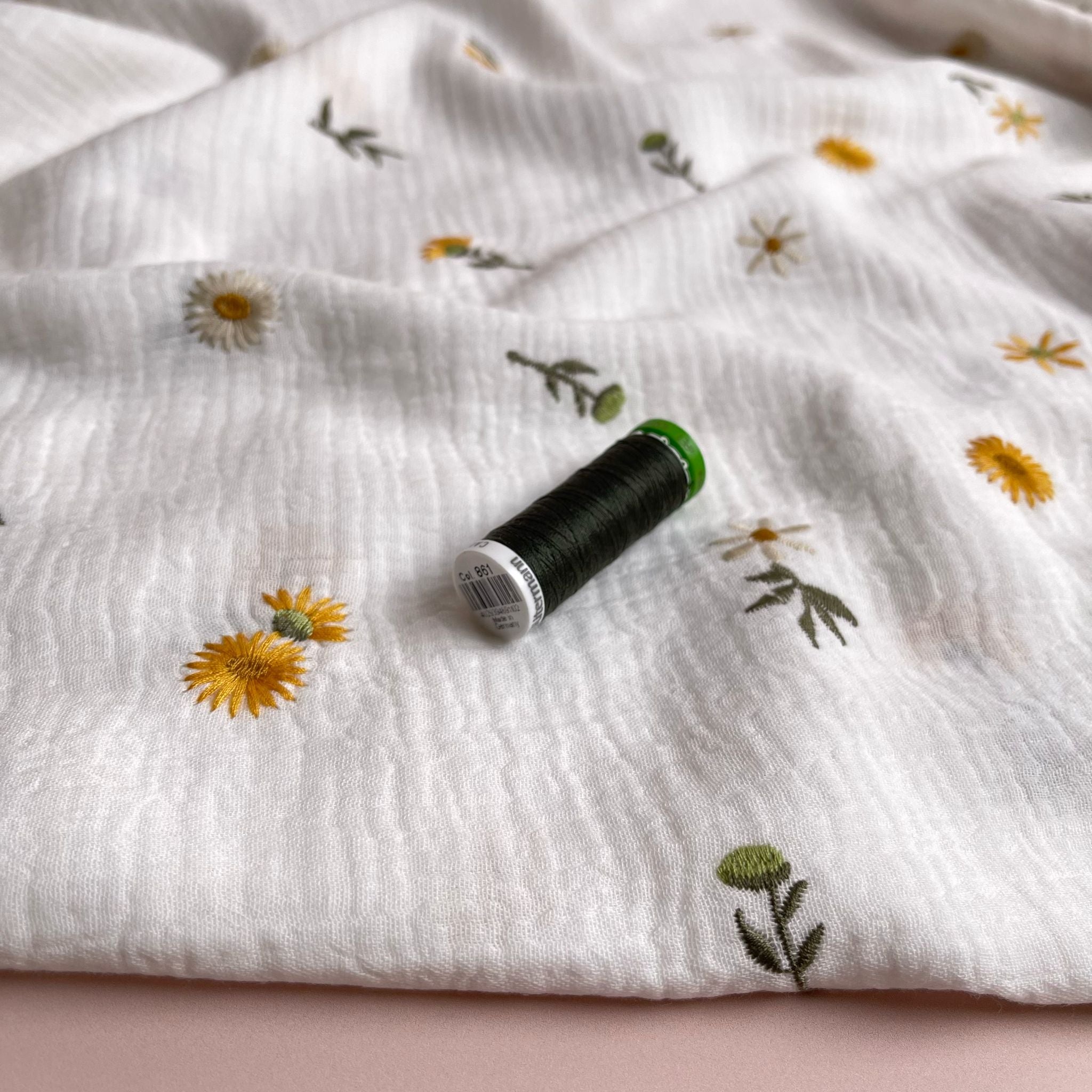Embroidered Sunflowers on White Cotton Double Gauze