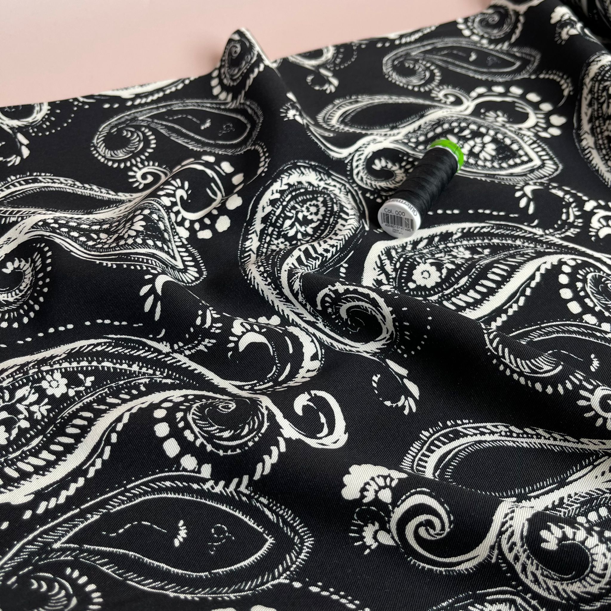 Off-Whtie Paisley on Black Viscose Twill Fabric