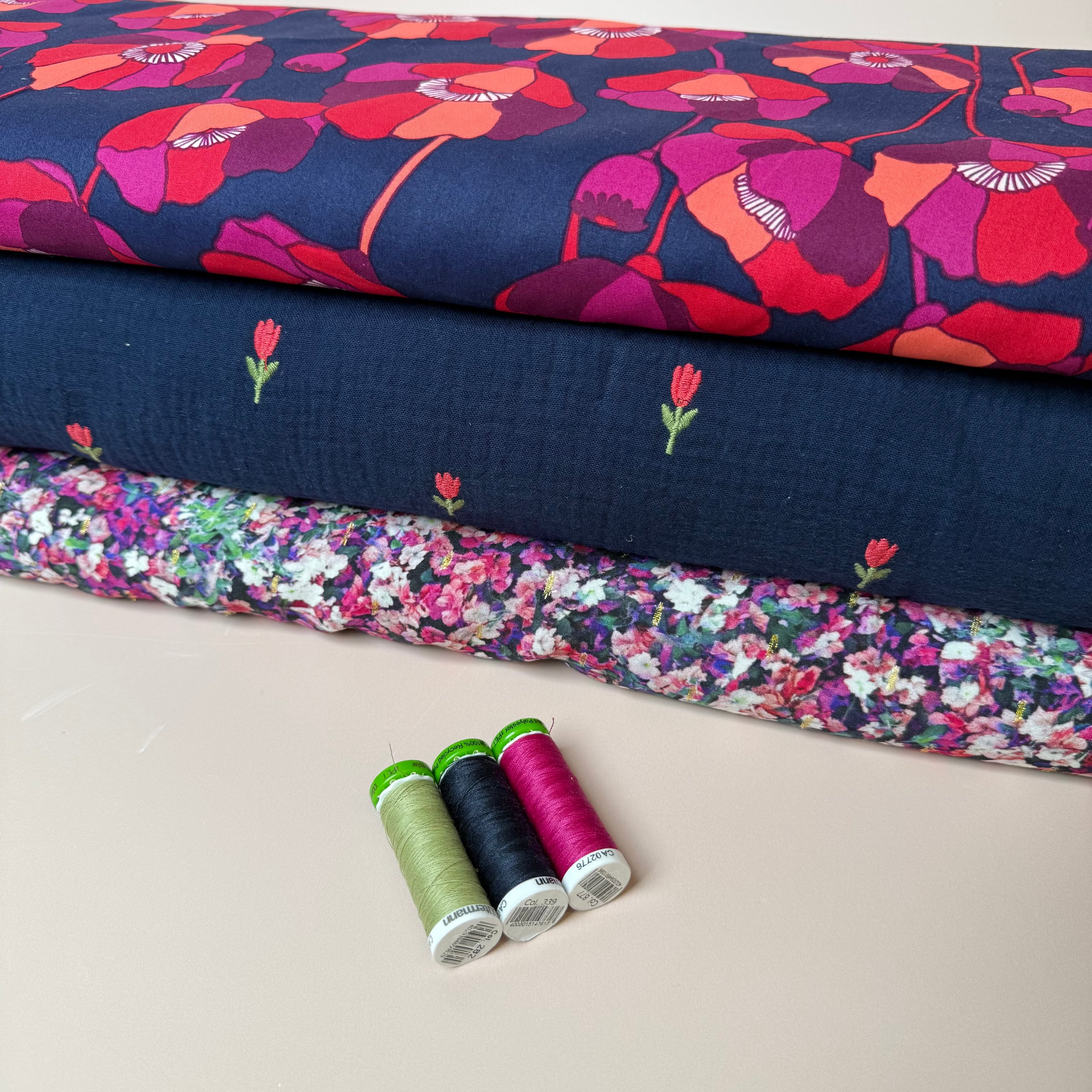 Embroidered Tulips on Navy Cotton Double Gauze