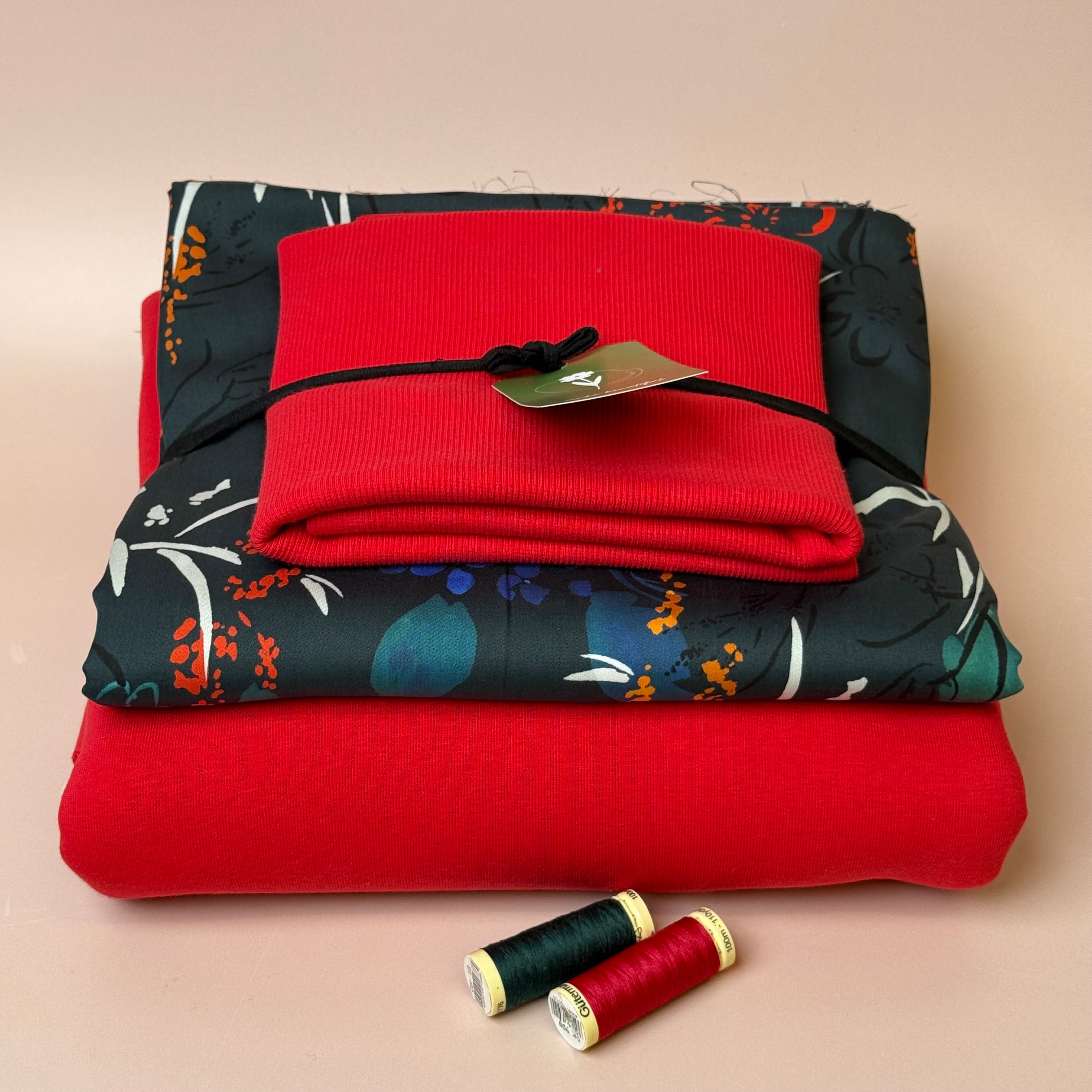 Make an Outfit Colour Bundle - Midnight Blooms Tencel Sateen & Sweatshirting in Red with Ribbing