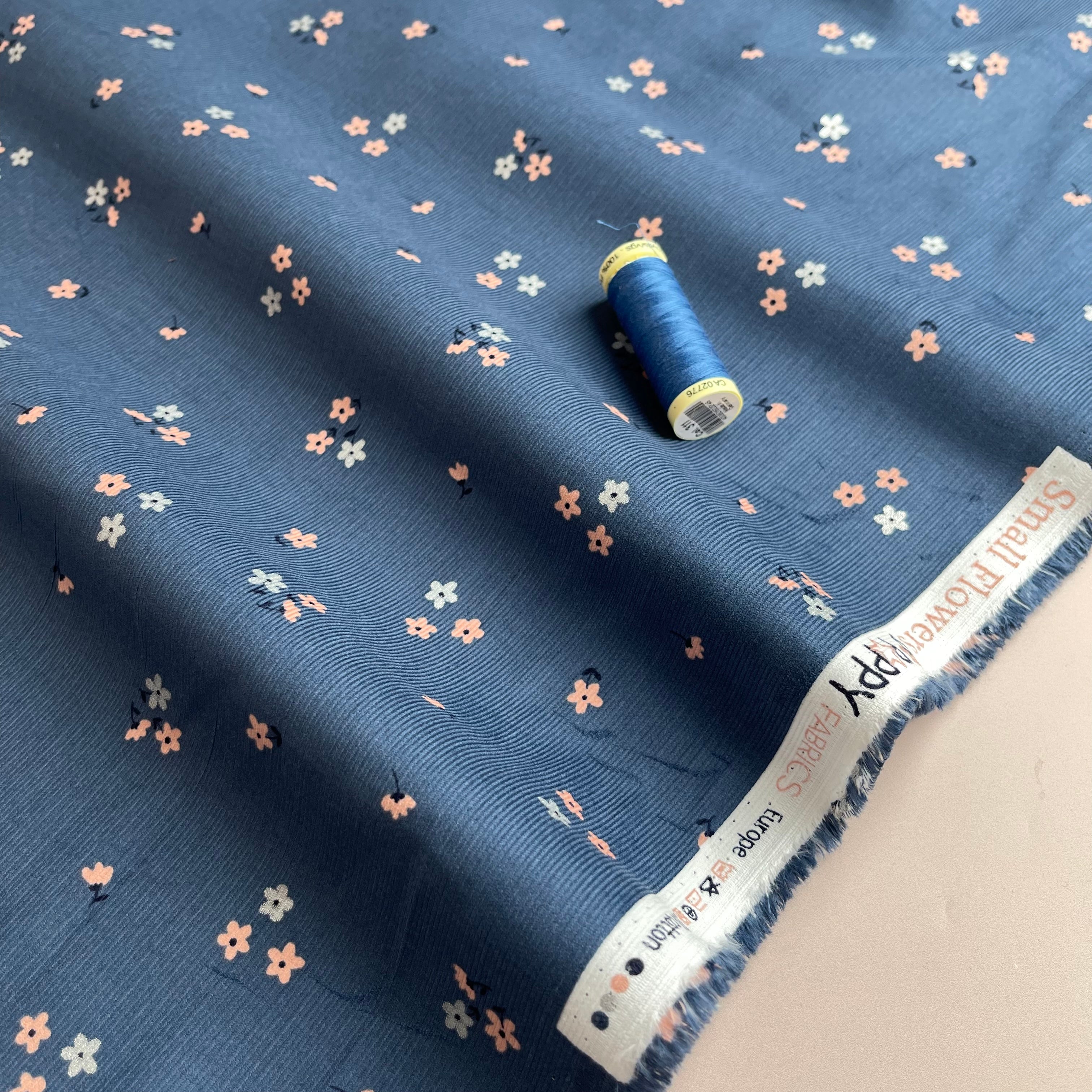 Small Flowers on Denim Blue Cotton Needlecord