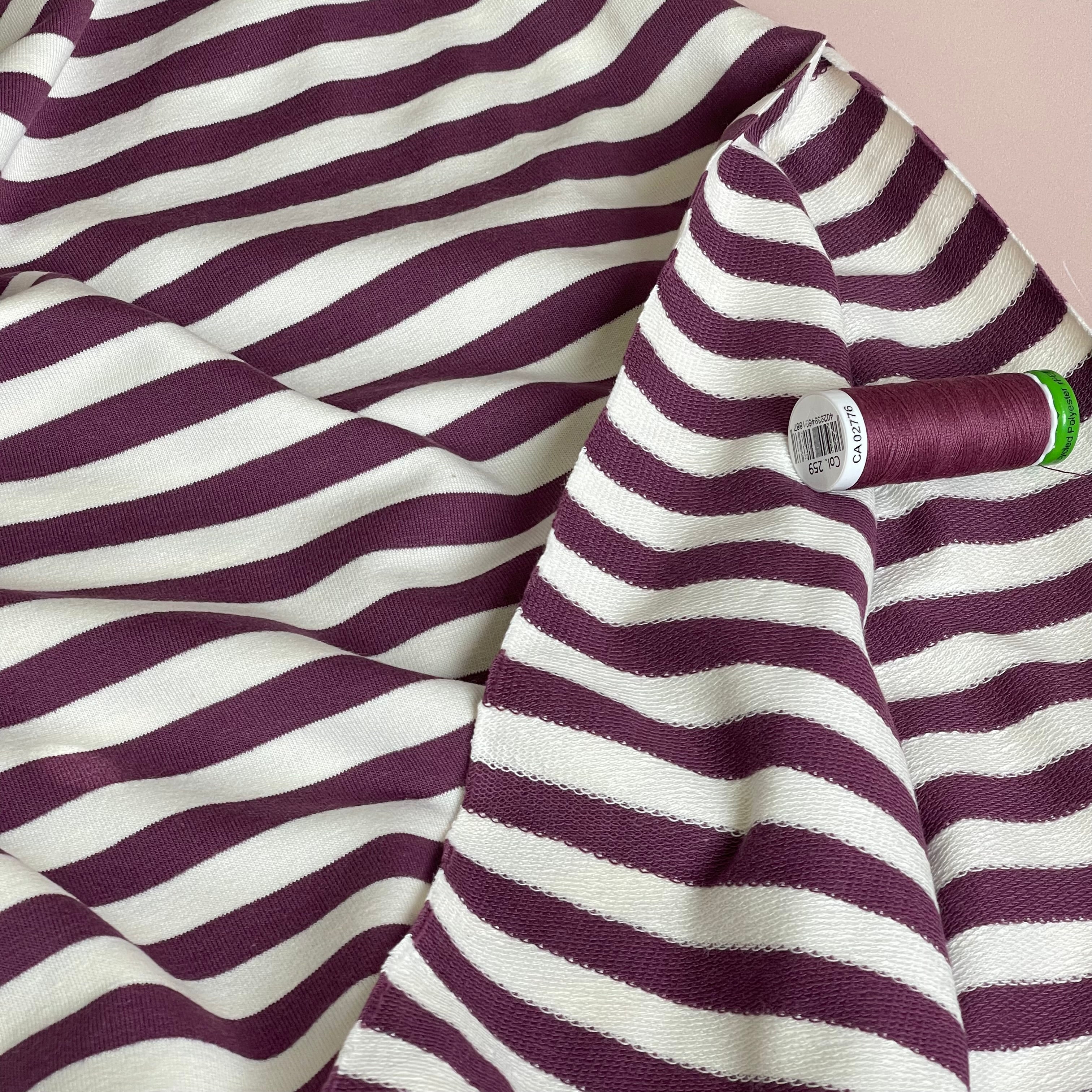 Yarn Dyed Aubergine Stripes Looped Back Cotton French Terry