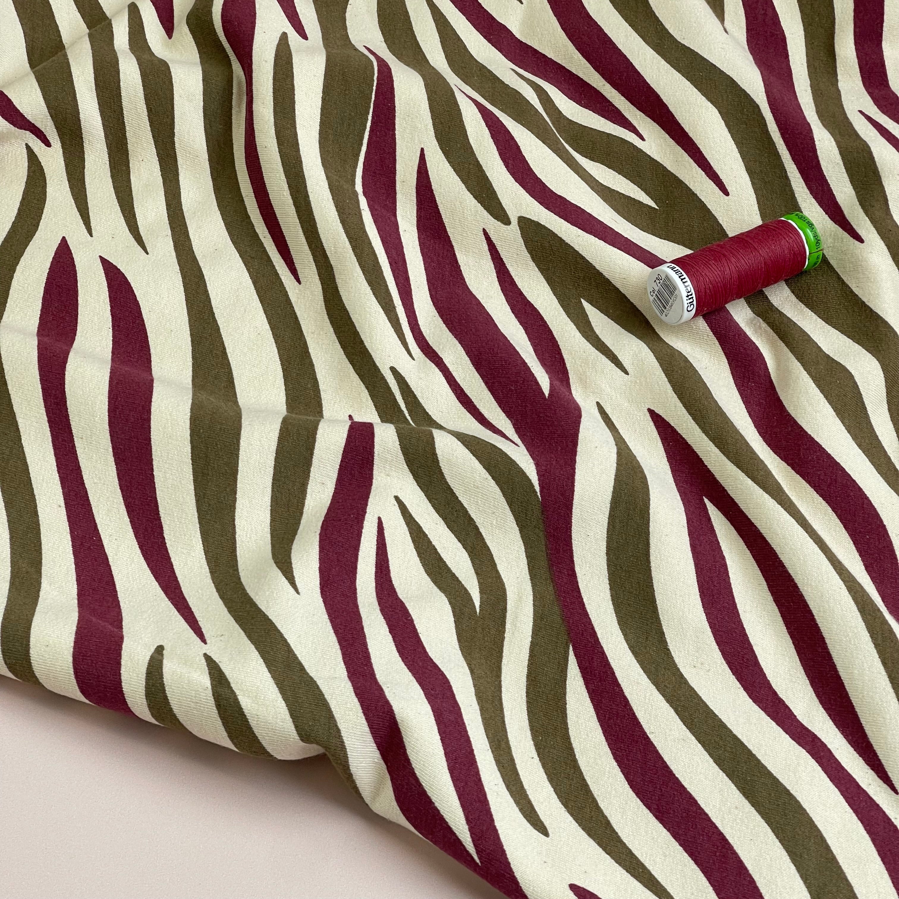 Zebra Burgundy and Olive Cotton Sweat-shirting Fabric