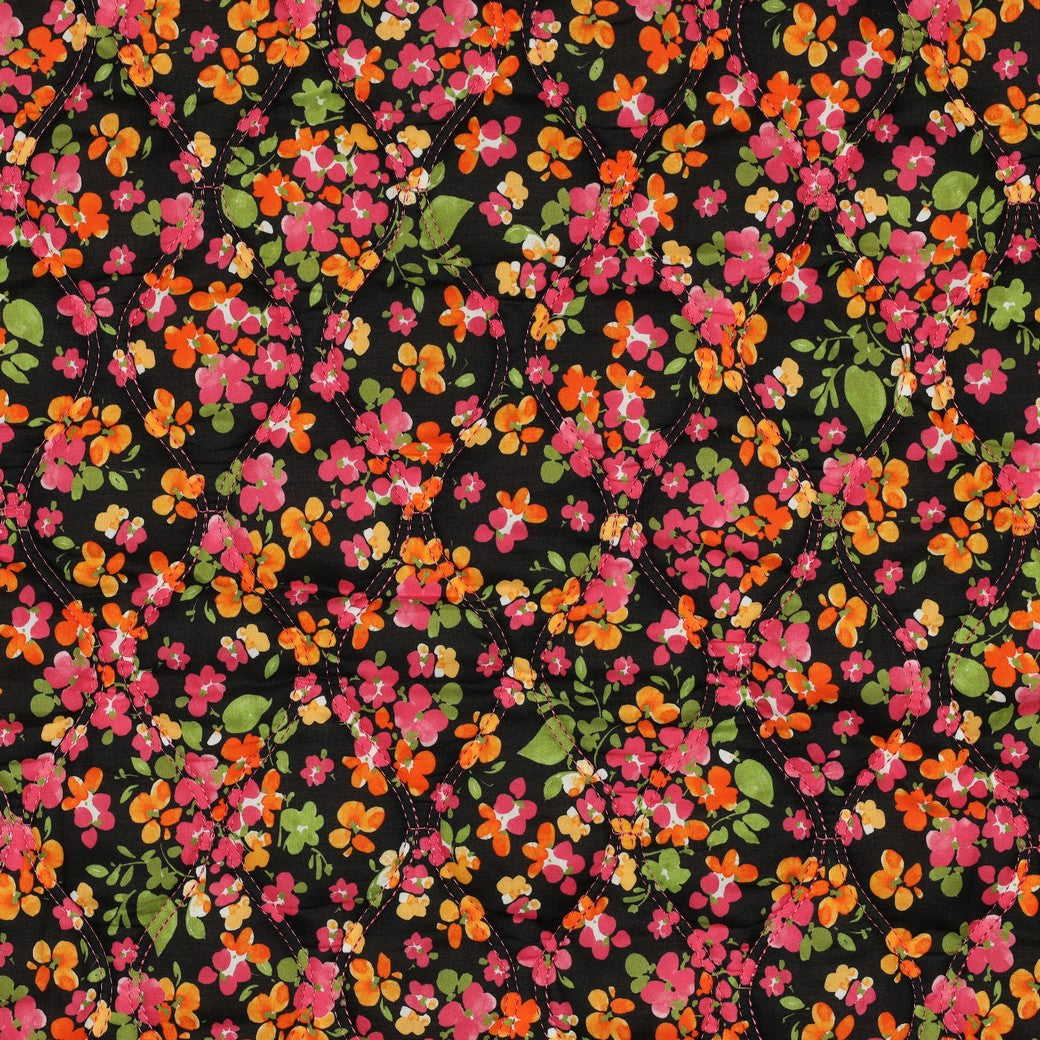 Spring Flowers on Black Quilted Cotton Fabric
