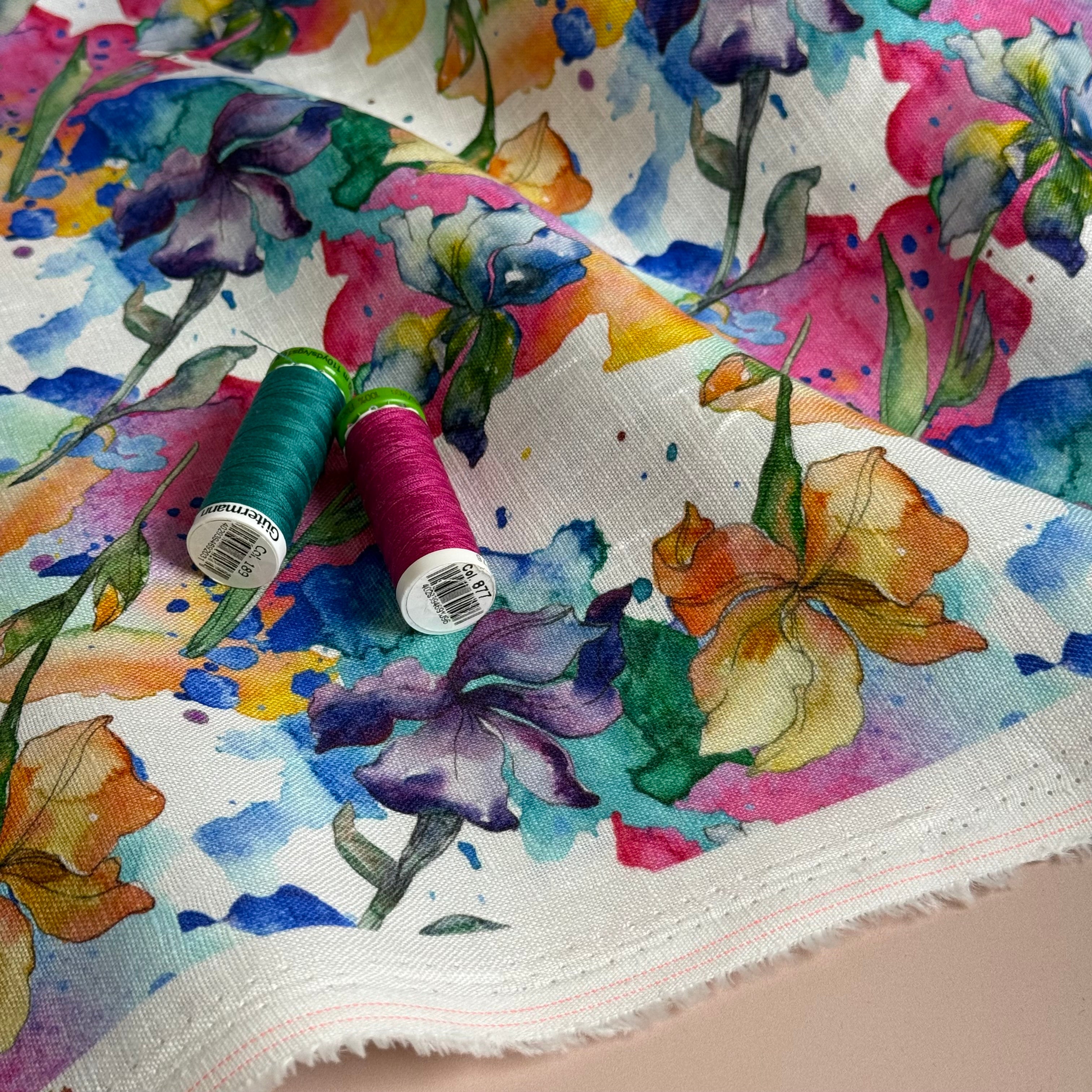 Watercolour Flowers Pure Linen Fabric