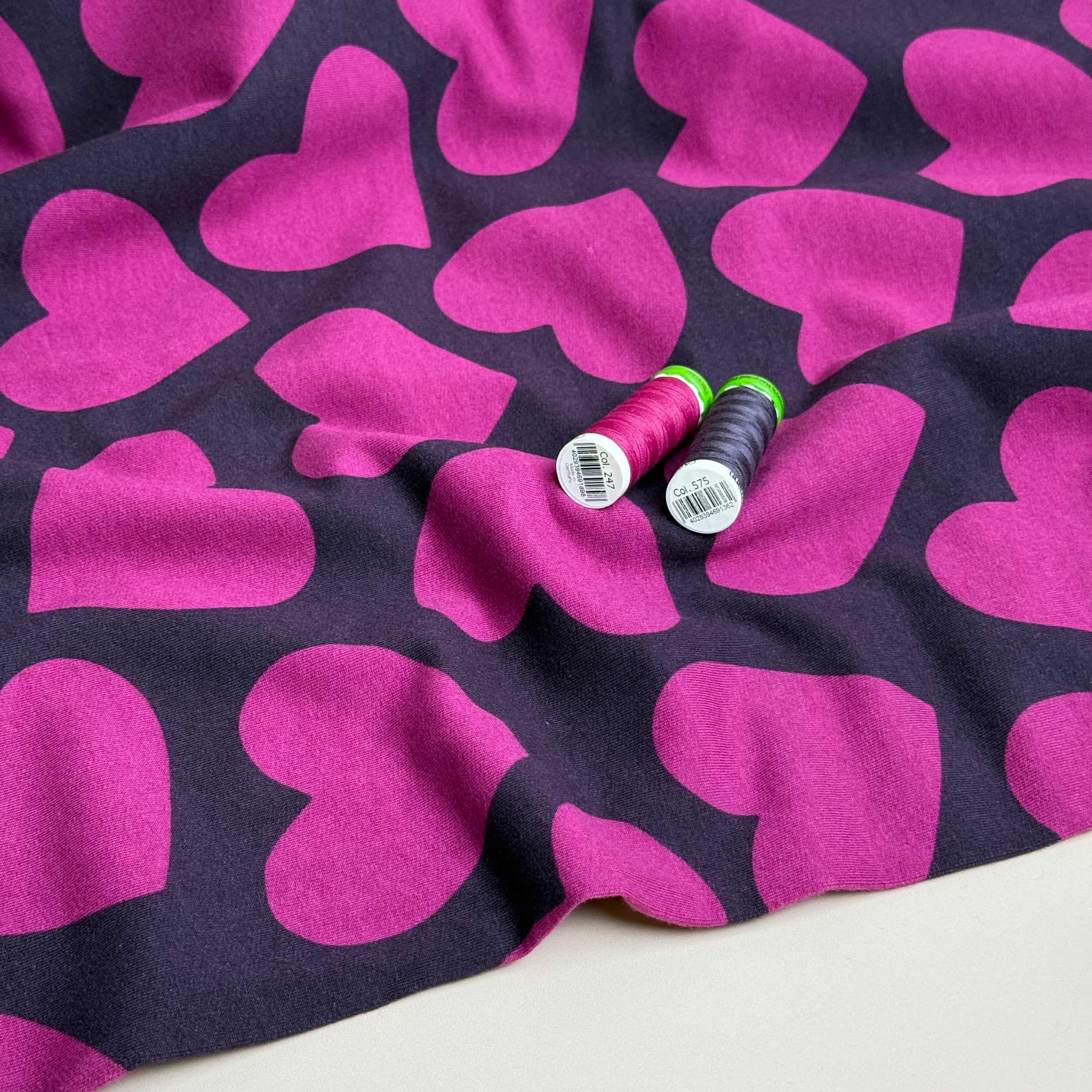 Purple Hearts on Pink Peach Soft Cotton Sweat-shirting Fabric