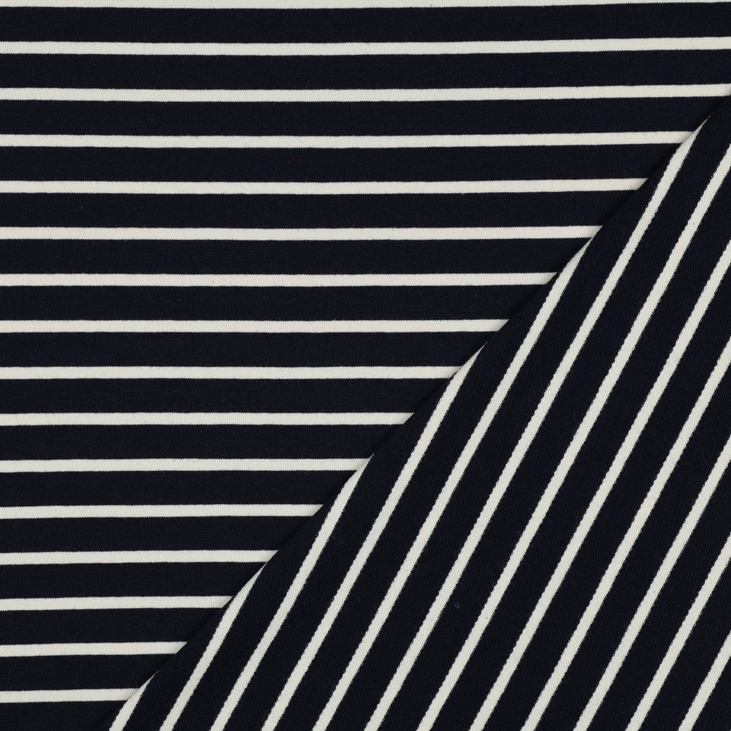 Yarn Dyed Ecru Stripes on Navy Cotton French Terry
