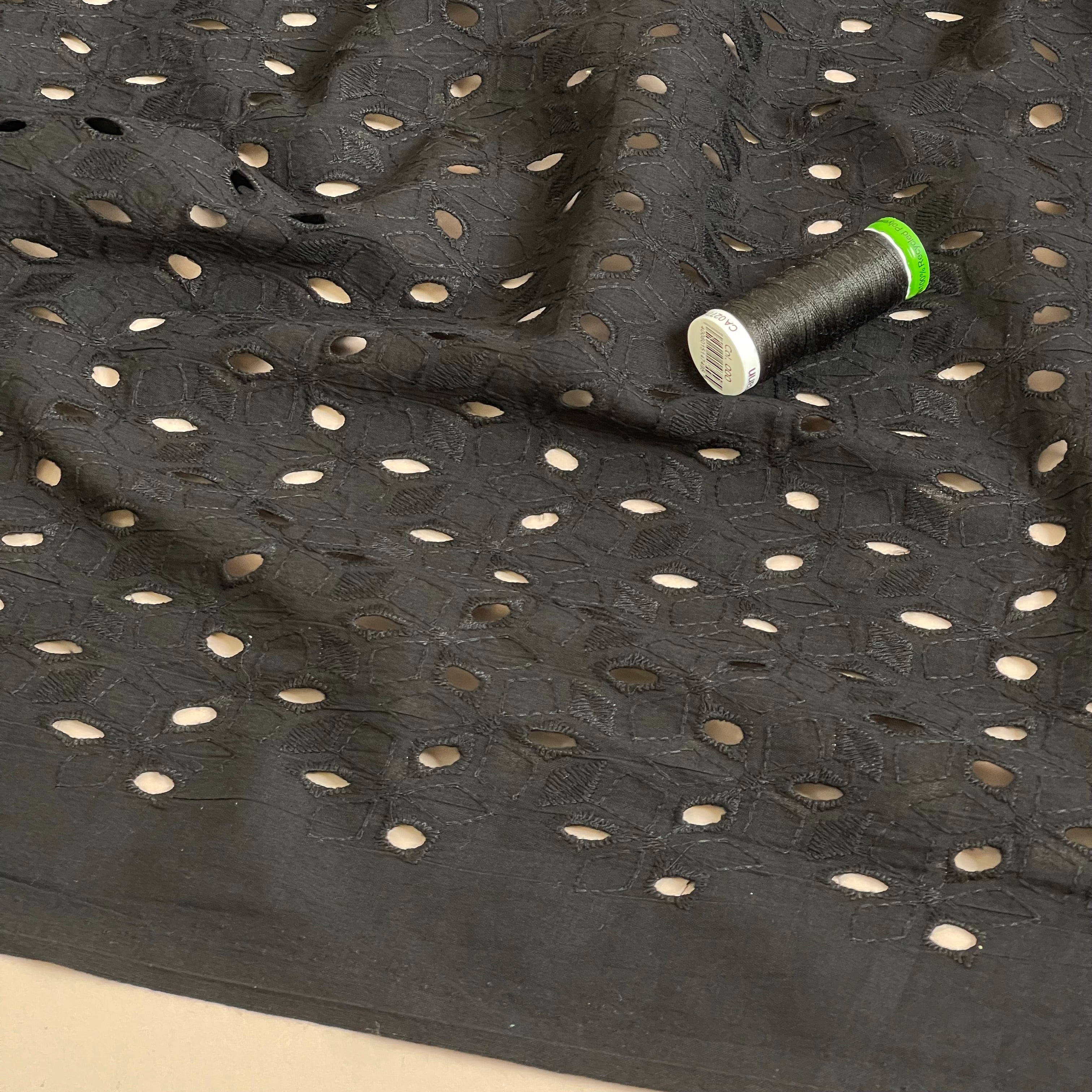 Ex-Designer Deadstock - Star Flowers on Black Broderie Analgise Cotton Fabric