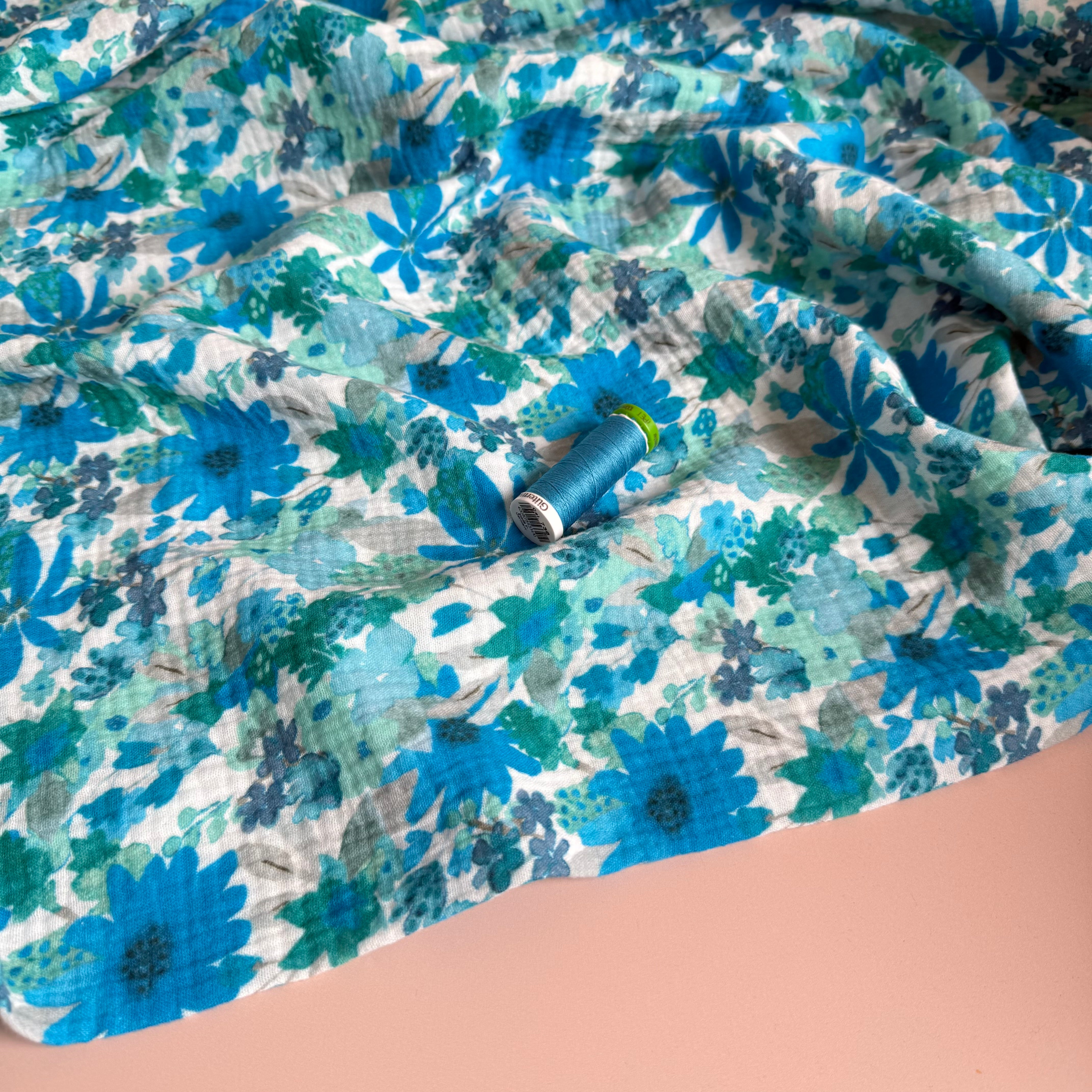 Turquoise Flowers Cotton Double Gauze