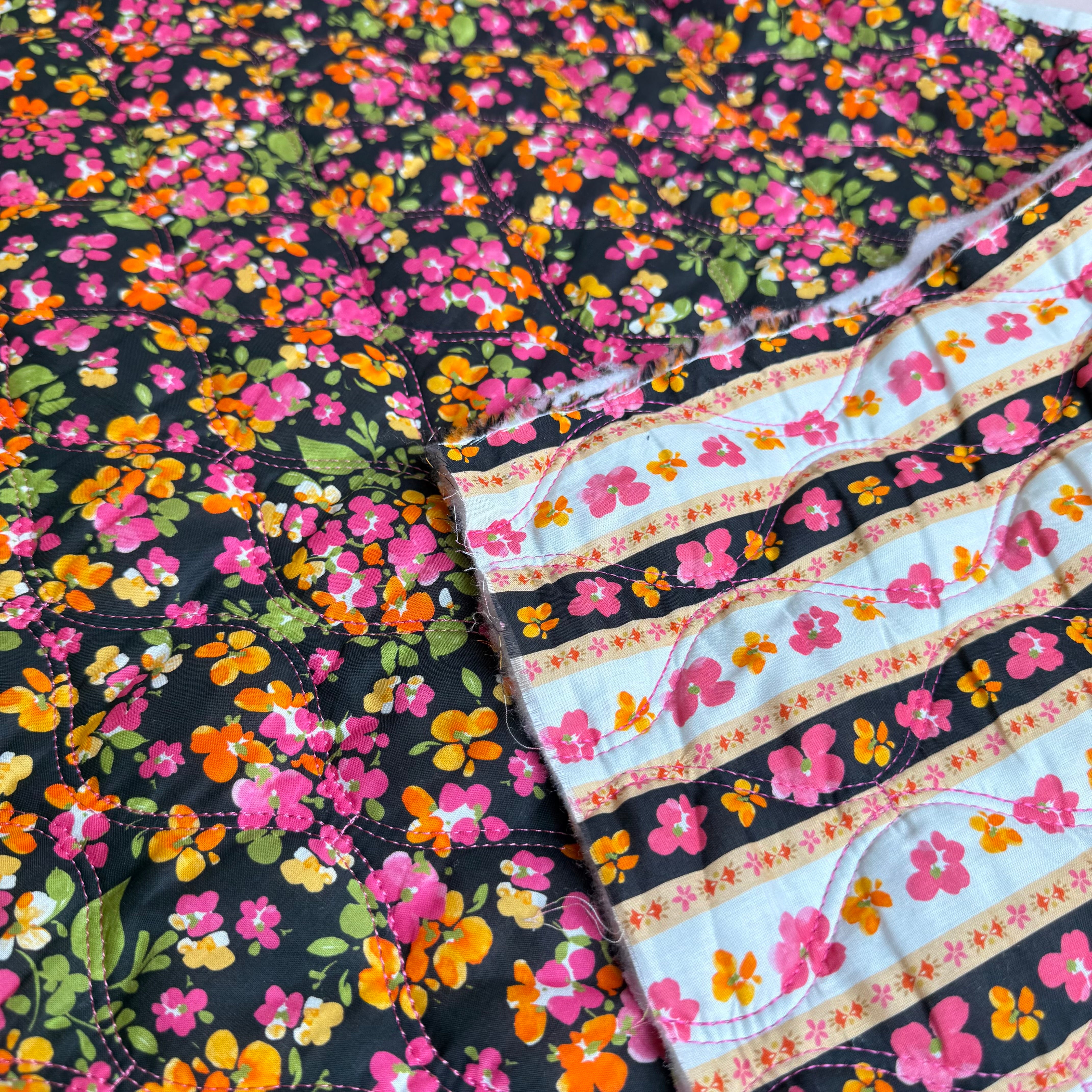 Spring Flowers on Black Quilted Cotton Fabric