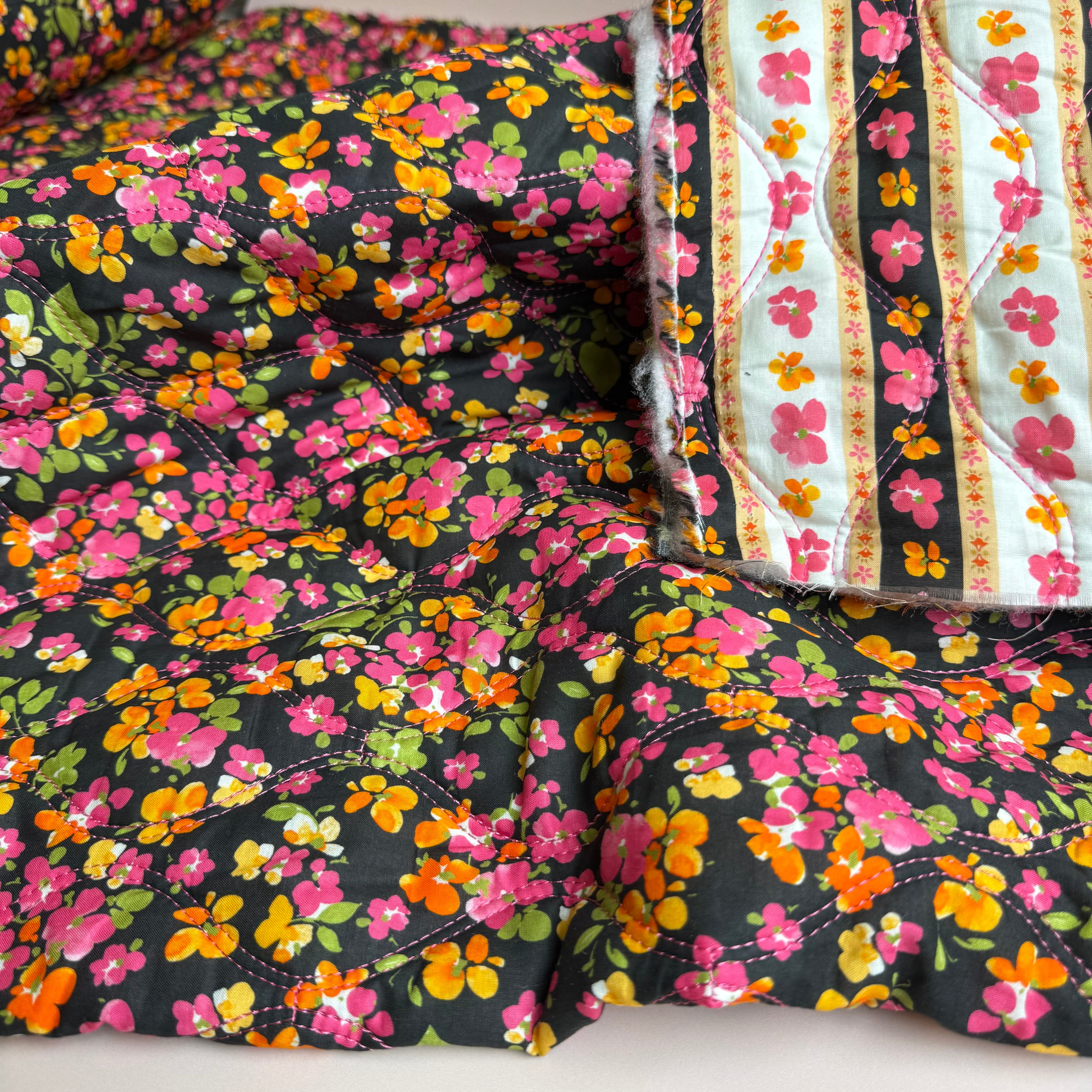 Spring Flowers on Black Quilted Cotton Fabric