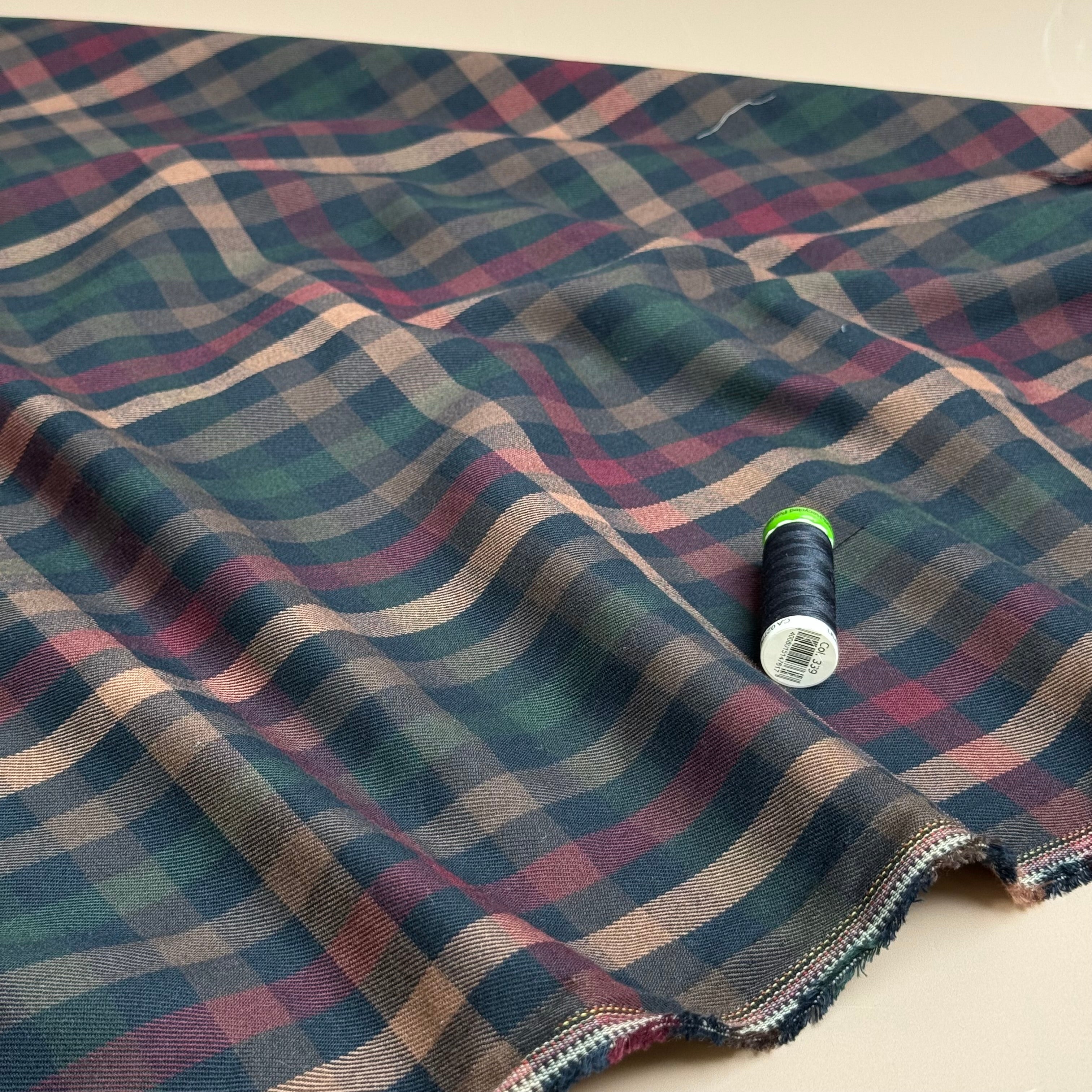 Tartan Check in Navy, Burgundy & Green Viscose Blend Trouser Fabric