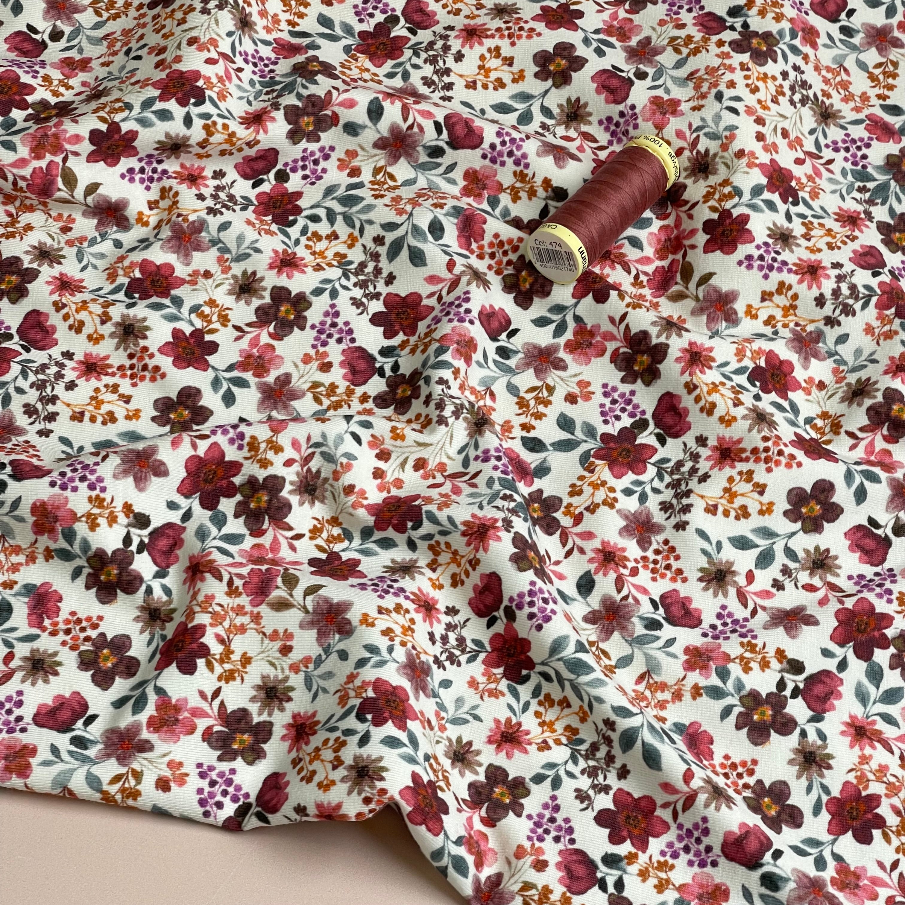 Ditsy Burgundy & Brown Flowers on White Cotton Jersey Fabric