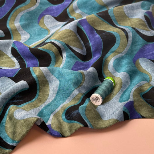 Waves in Teal Soft Ponte Interlock Jersey Fabric