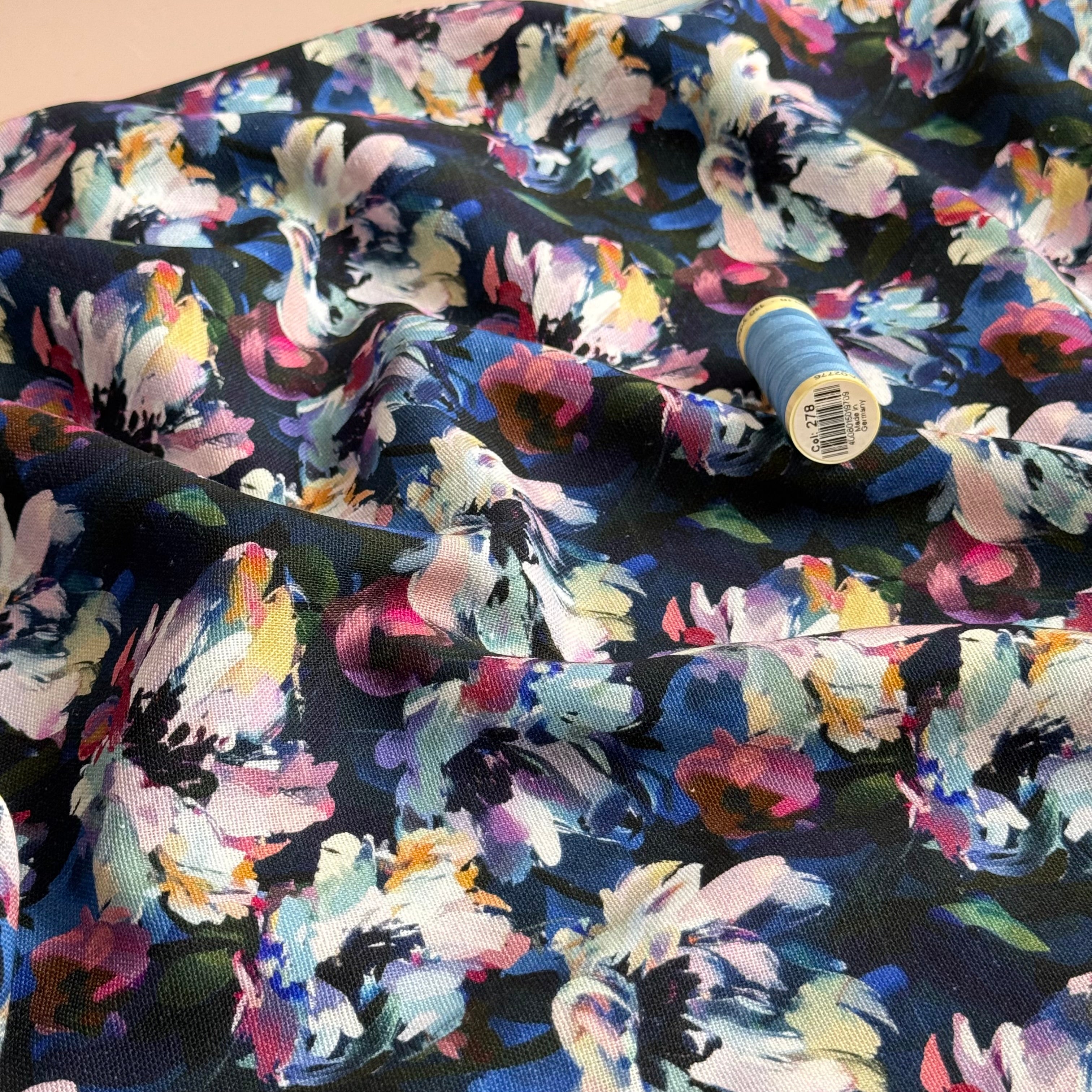 Painted Midnight Flowers Viscose Linen Fabric
