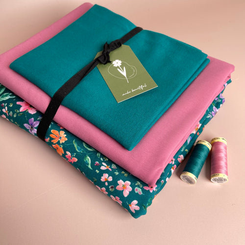 Colour Bundles - Small Flowers Teal Cotton French Terry and Jersey with Ribbing