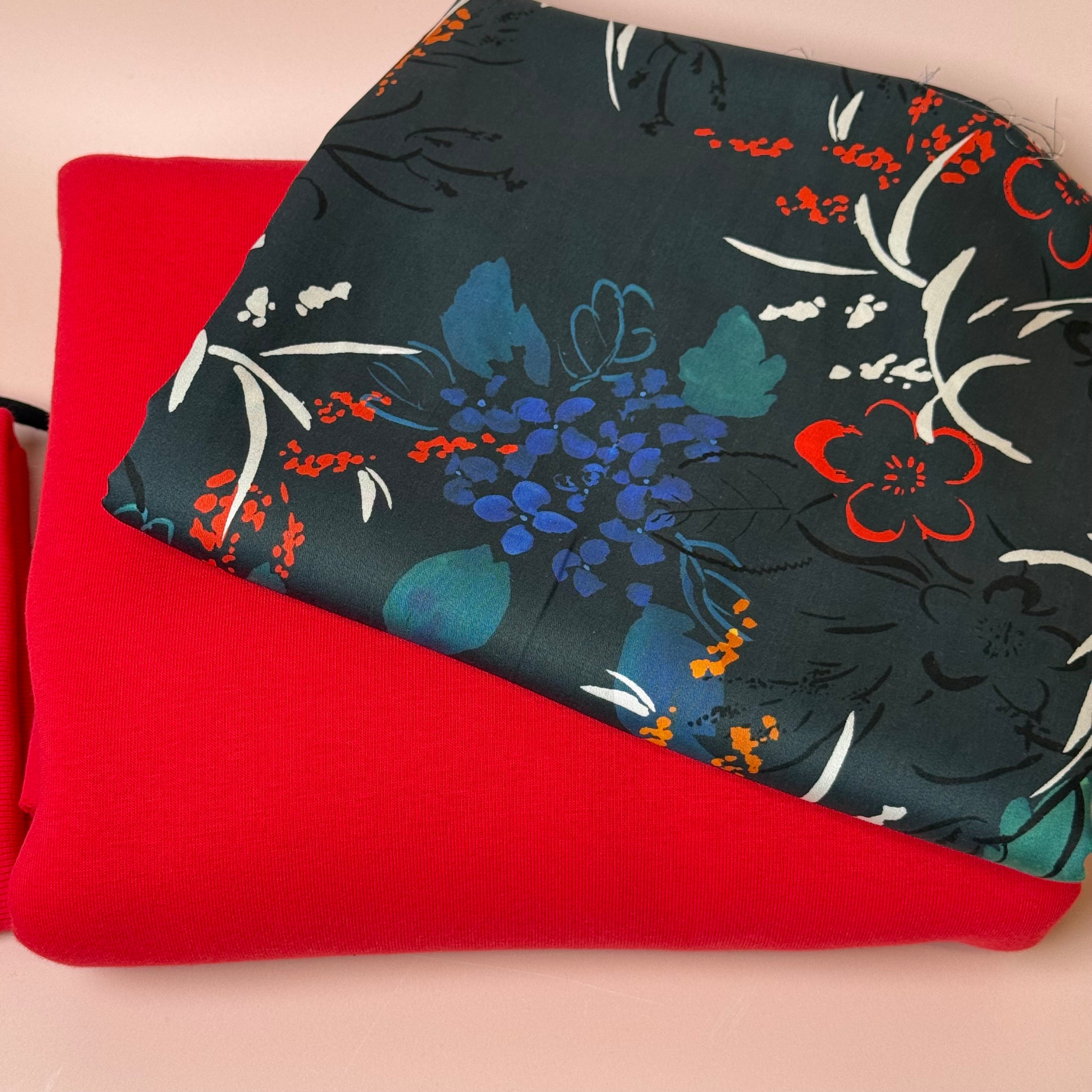 Make an Outfit Colour Bundle - Midnight Blooms Tencel Sateen & Sweatshirting in Red with Ribbing