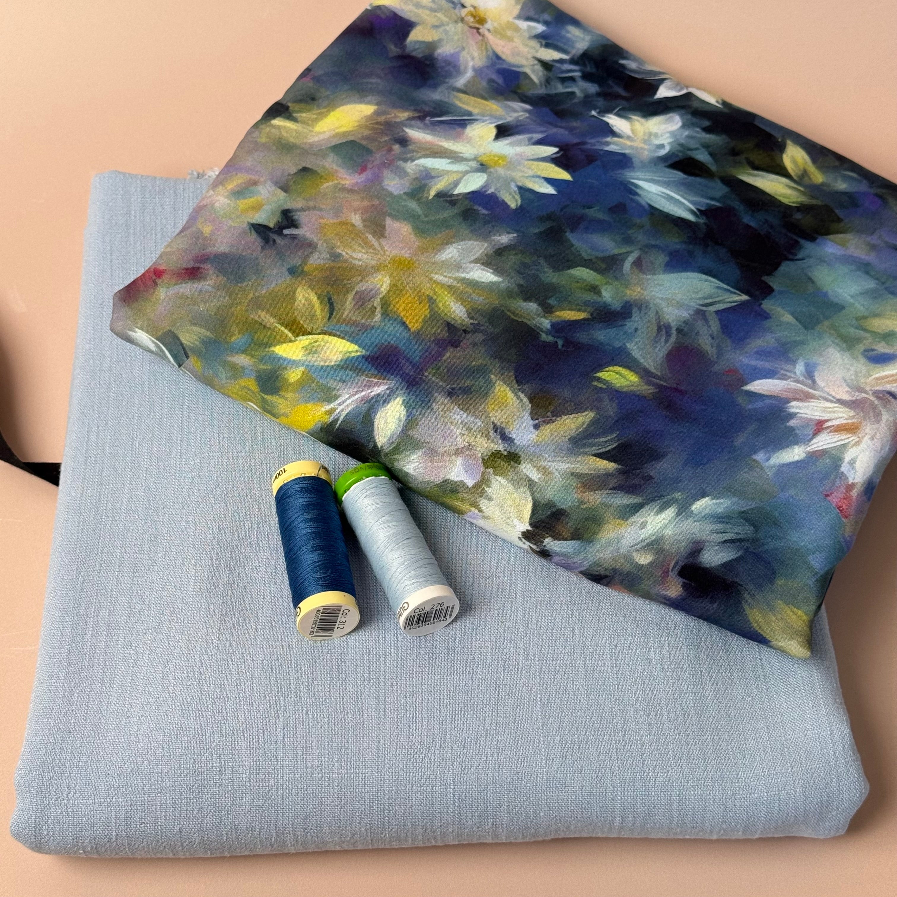 Make an Outfit Colour Bundle - Watercolour Flowers Viscose with Blue Flow Linen Blend