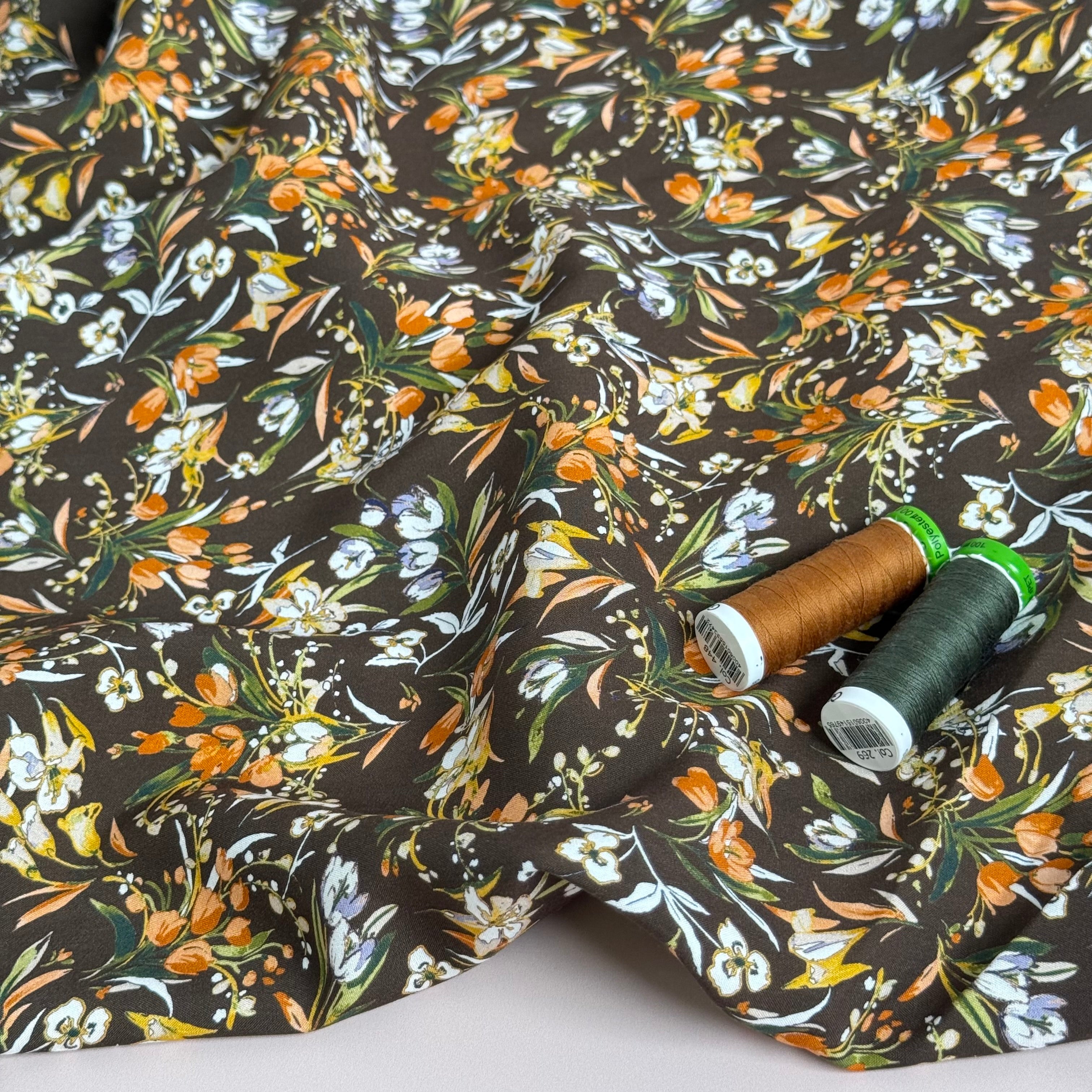 Tulip Bouquet on Brown Viscose Poplin Fabric