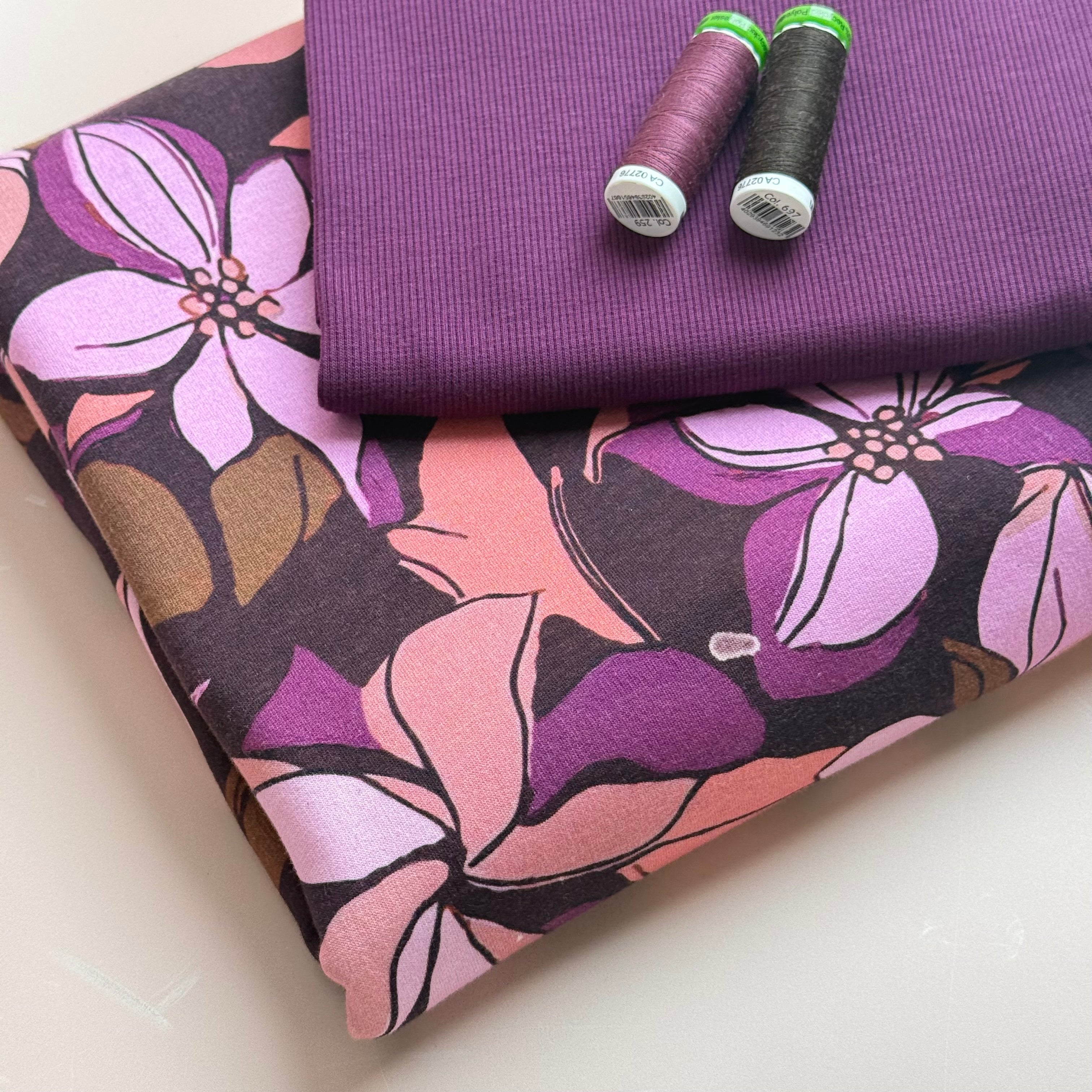 Colour Bundles - Lilies Bordeaux Cotton Sweatshirting & Matching Ribbing