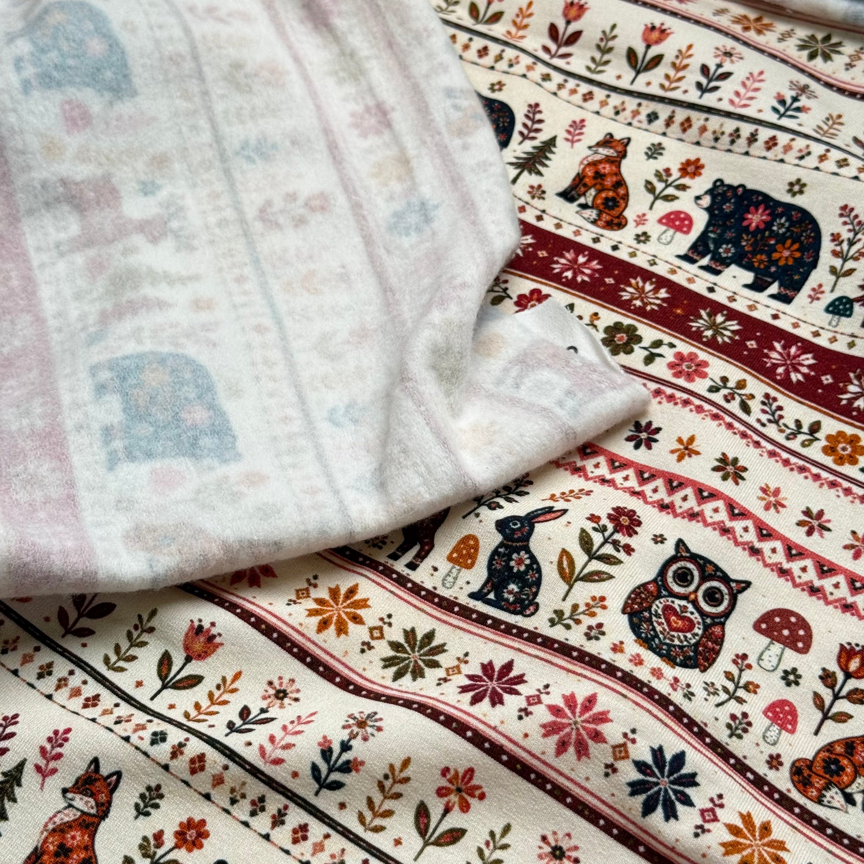 Nordic Animals & Floral Stripes Soft Cotton Sweat-shirting Fabric