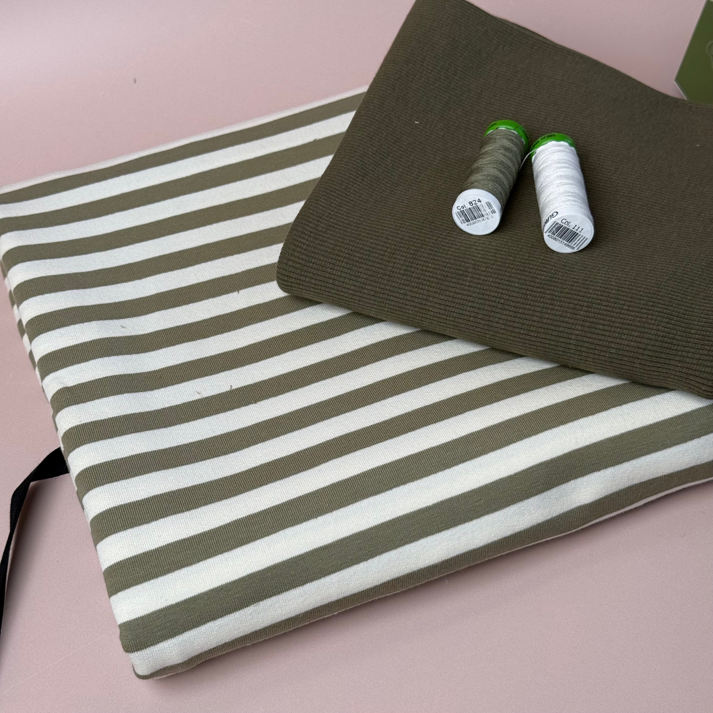 Colour Bundles - Tea Green Stripe Cotton French Terry & Ribbing