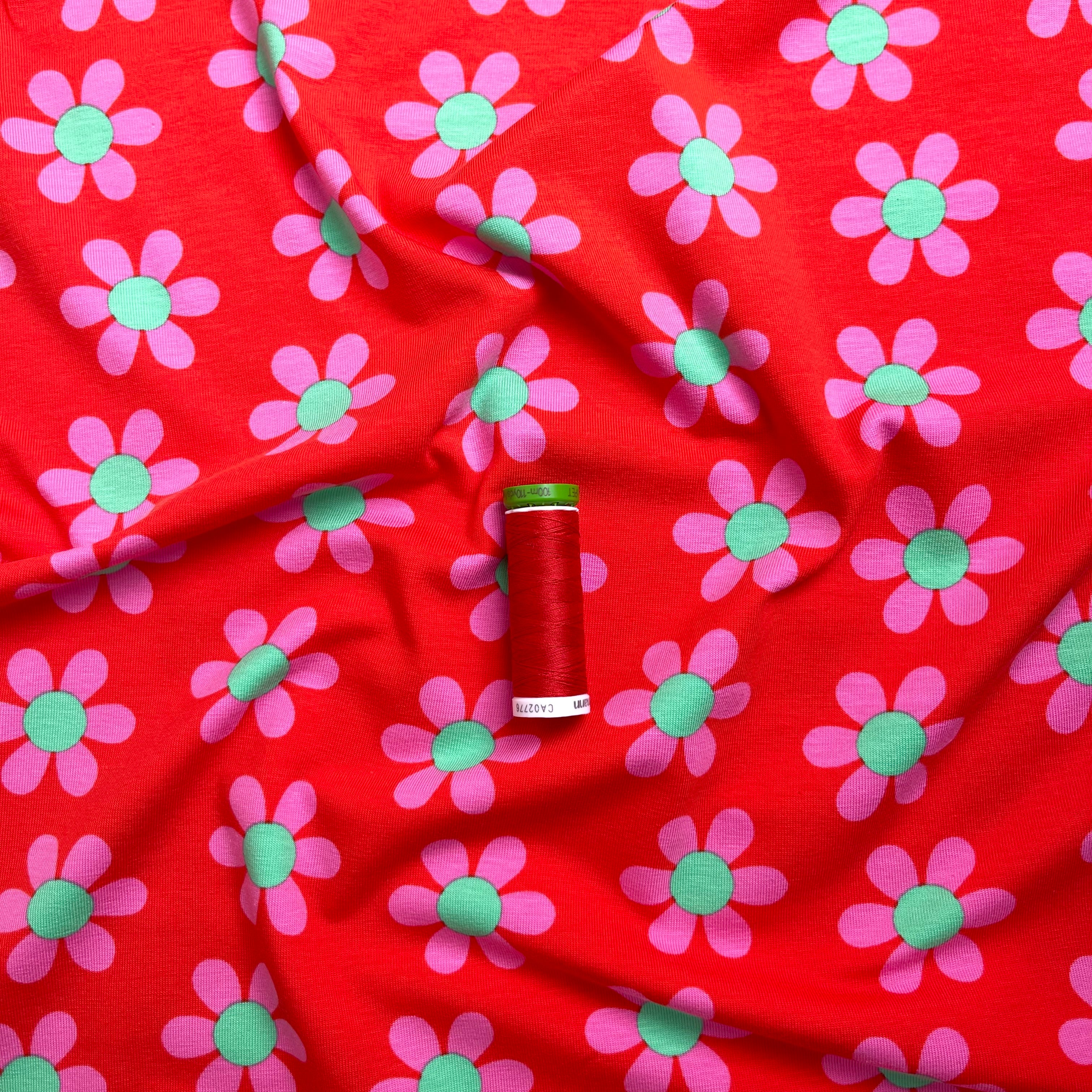 Graphic Flowers Red Cotton Jersey Fabric