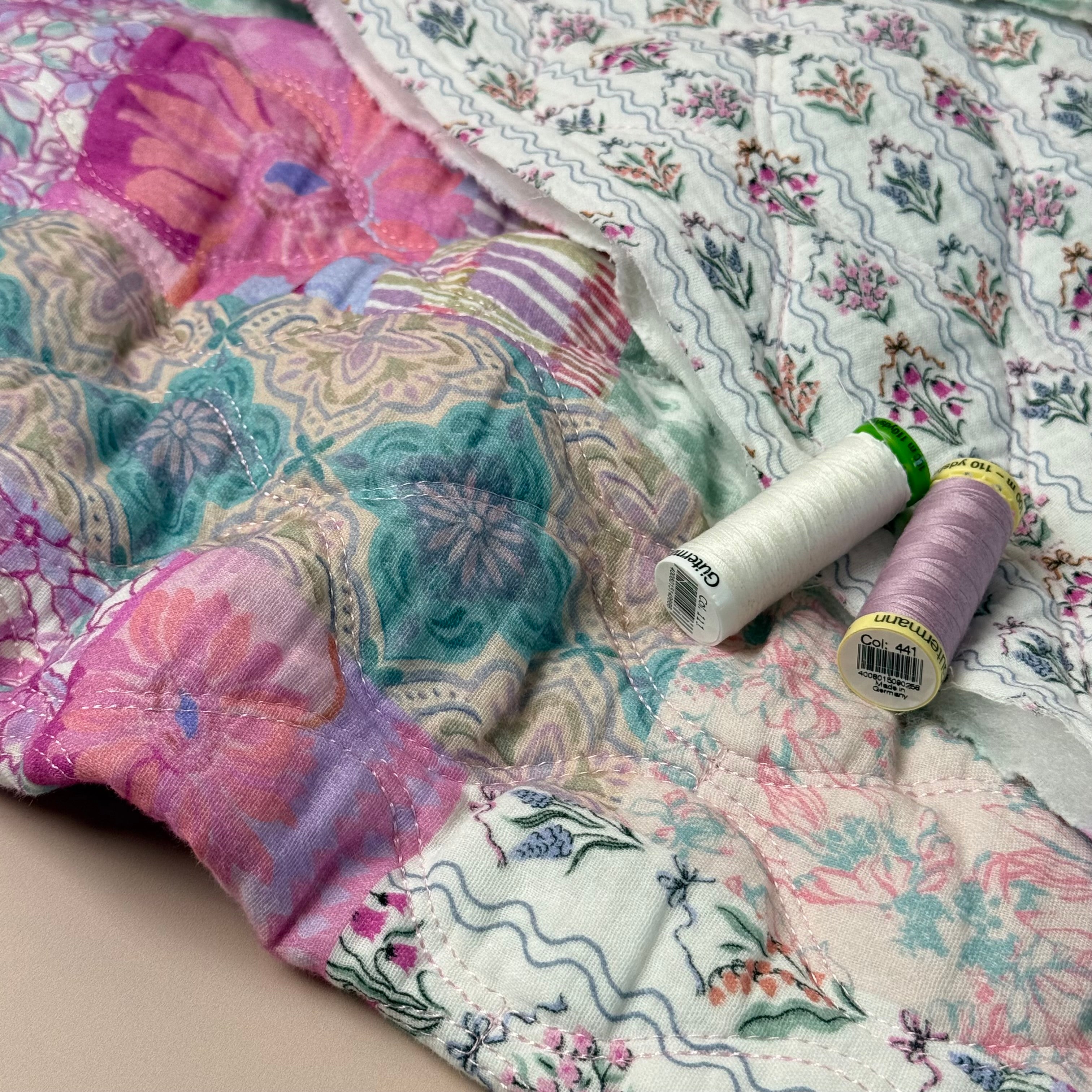 Hairloom Flowers in Pink Quilted Cotton Gauze