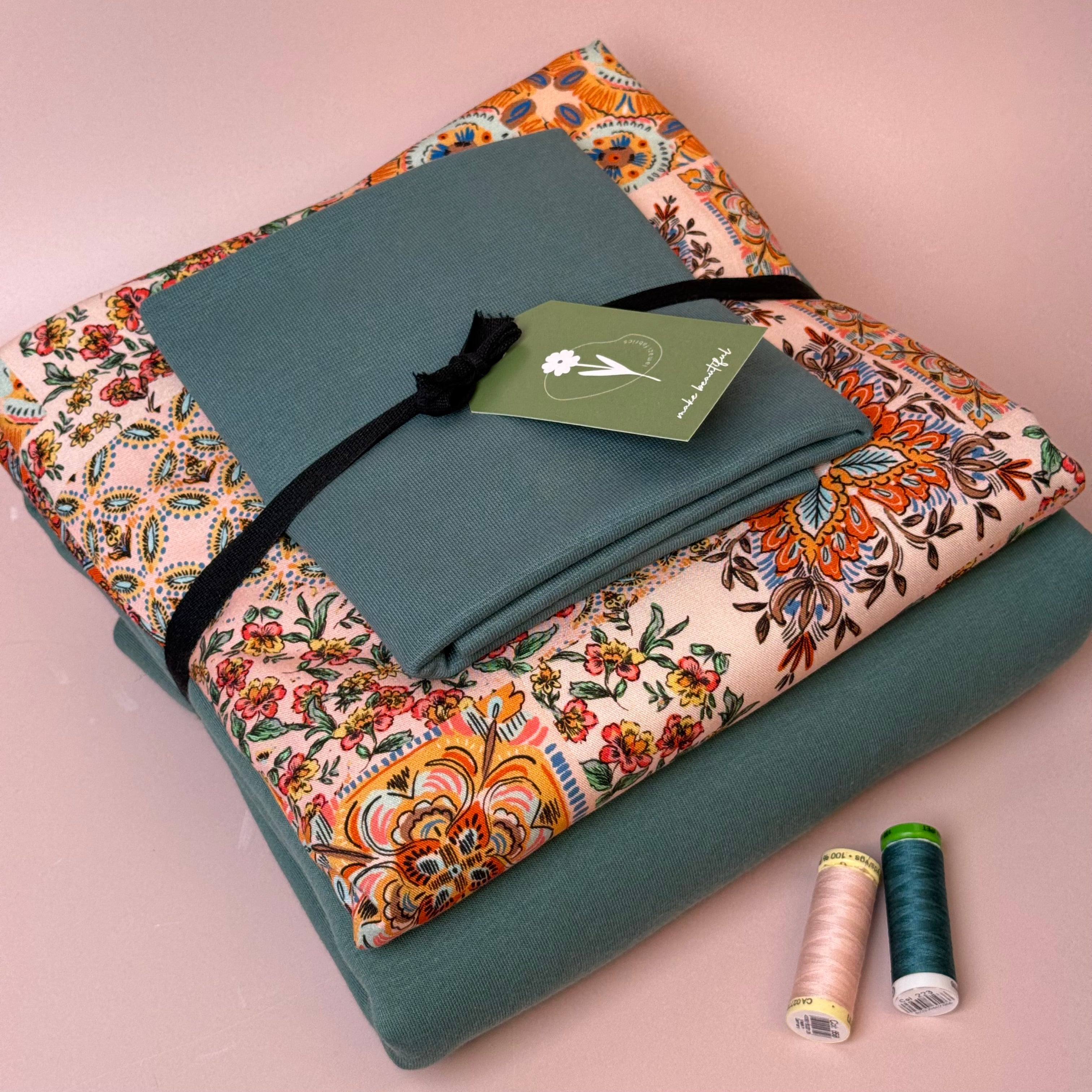 Make an Outfit Colour Bundle - Patchwork Viscose Twill & Sweatshirting in Sea Pine with Ribbing